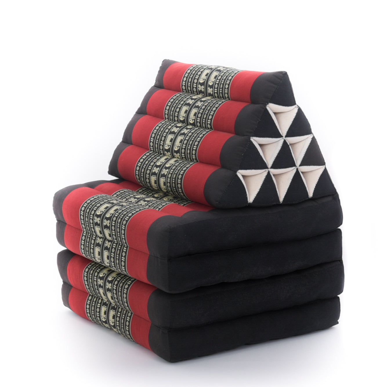 Thai Folding Mat with Triangle Cushion – Handmade Kapok Relax Mat for Sleeping, Reading & Lounging, Sf13 - Red, Black, 4 seating segments