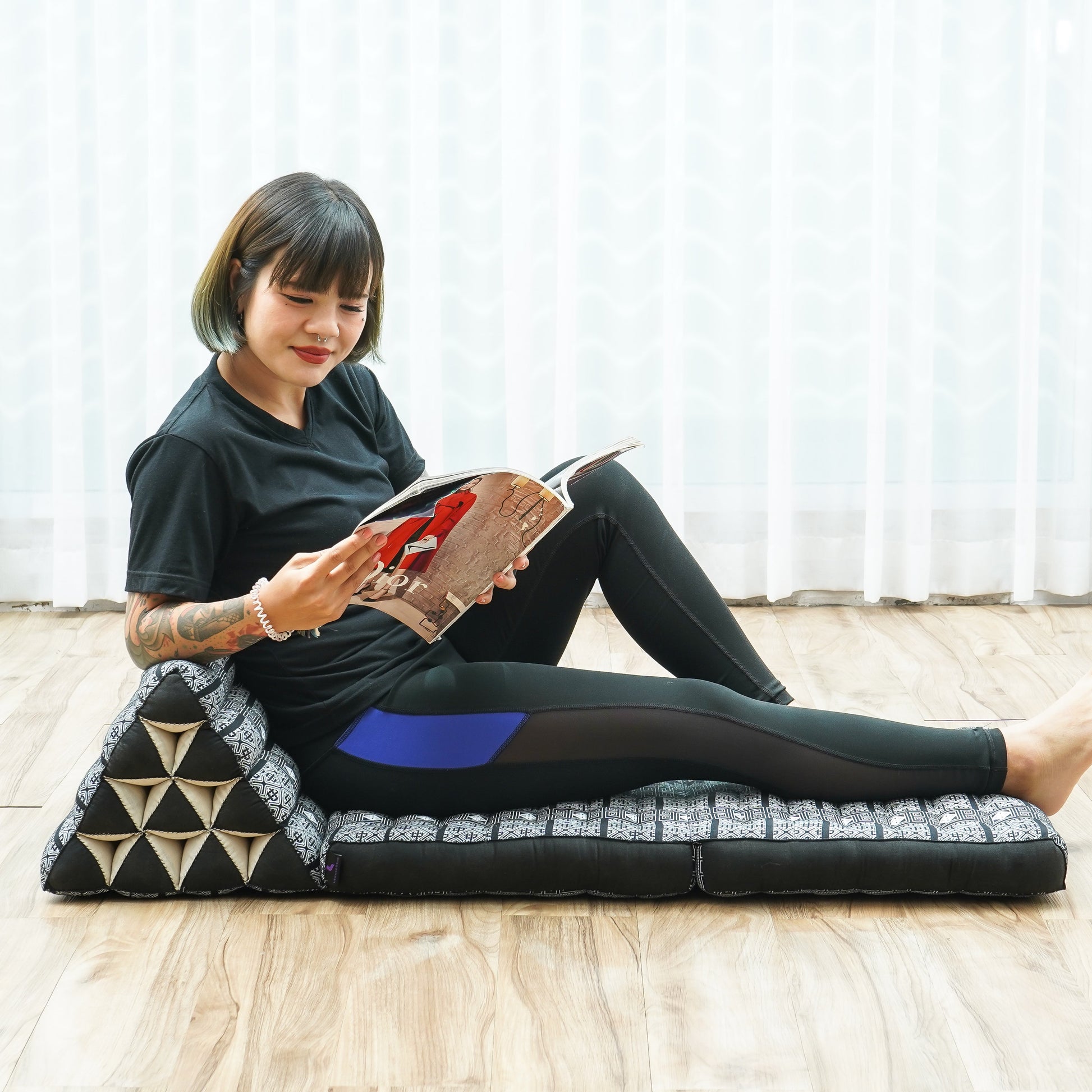 Thai Folding Mat with Triangle Cushion – Handmade Kapok Relax Mat for Sleeping, Reading & Lounging, Cbt4 - Black, 2 seating segments