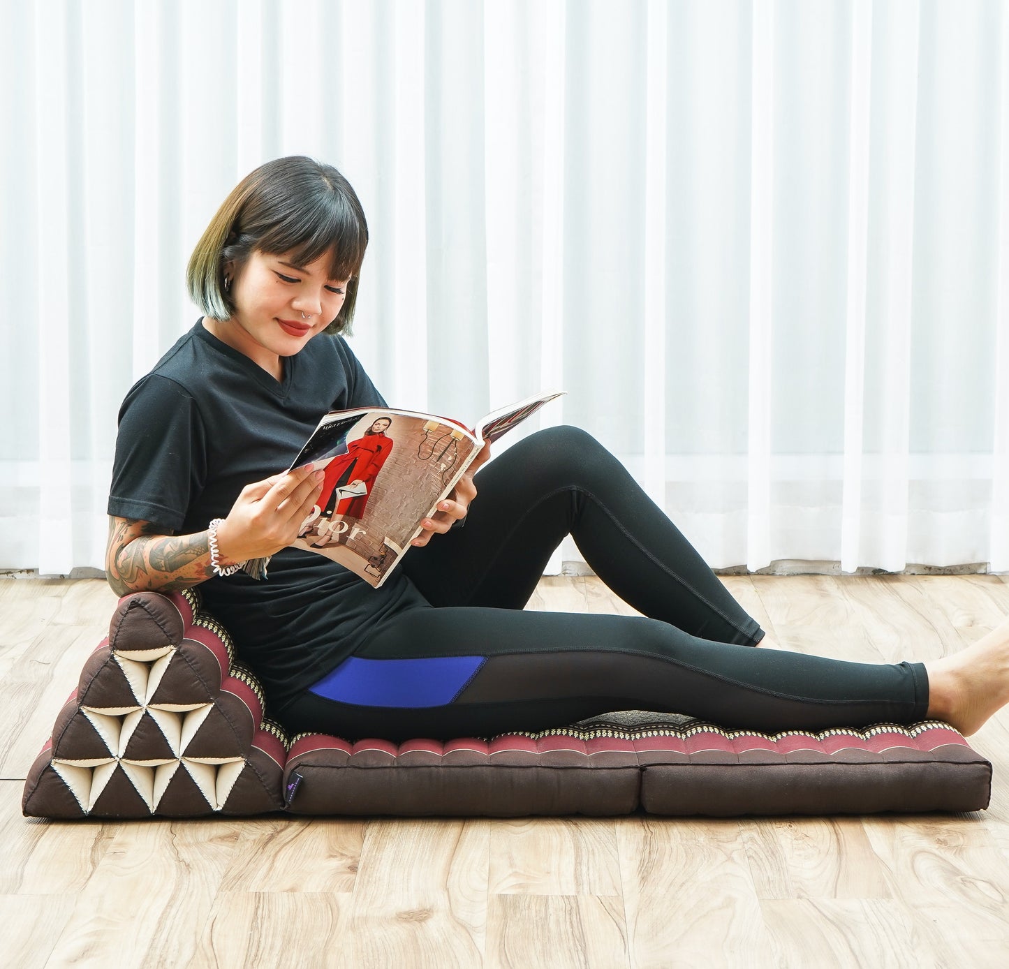 Thai Folding Mat with Triangle Cushion – Handmade Kapok Relax Mat for Sleeping, Reading & Lounging, Sf19 - Red, Brown, 2 seating segments
