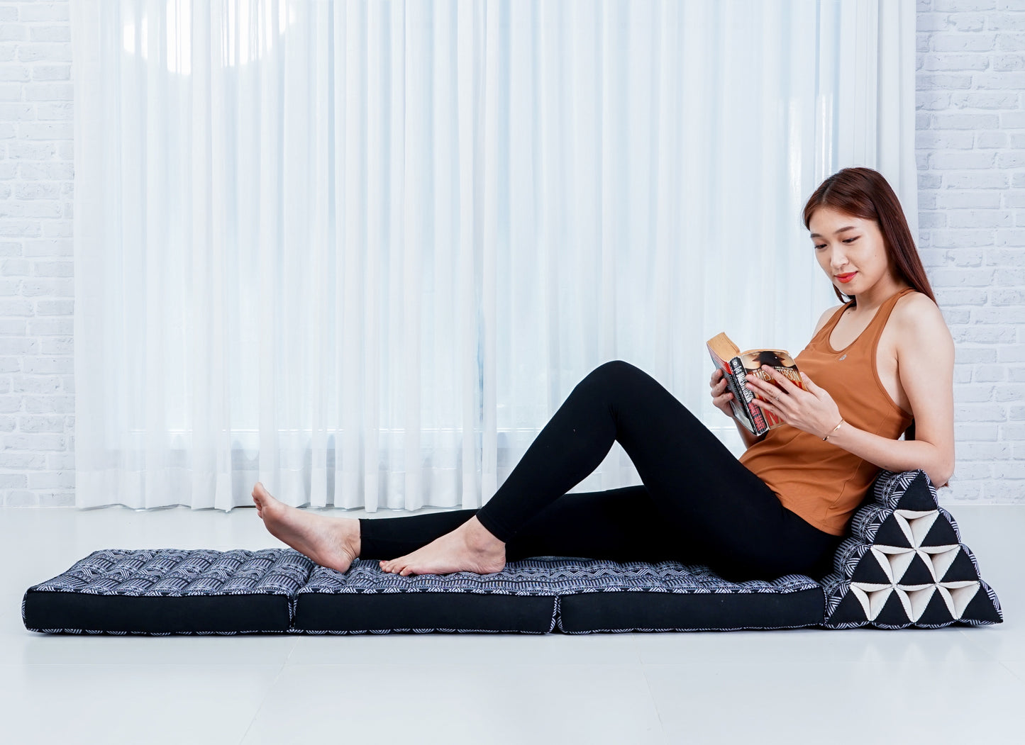 Thai Folding Mat with Triangle Cushion – Handmade Kapok Relax Mat for Sleeping, Reading & Lounging, Cbt3 - Black, 3 seating segments