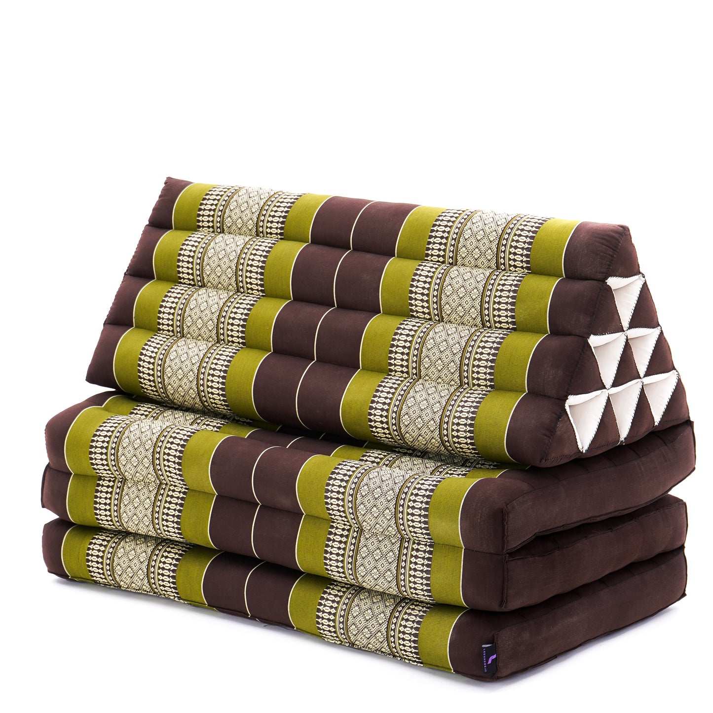 Thai Folding Mat with Triangle Cushion – Handmade Kapok Relax Mat for Sleeping, Reading & Lounging, Sf20 - Brown, Green, 3 seating segments XL