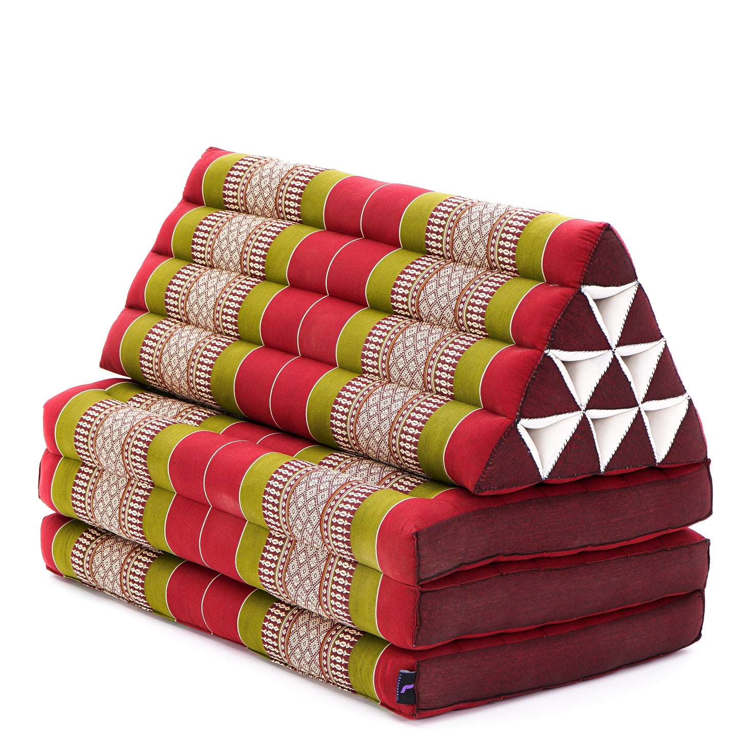 Thai Folding Mat with Triangle Cushion – Handmade Kapok Relax Mat for Sleeping, Reading & Lounging, Sf11 - Red, Green, 3 seating segments XL