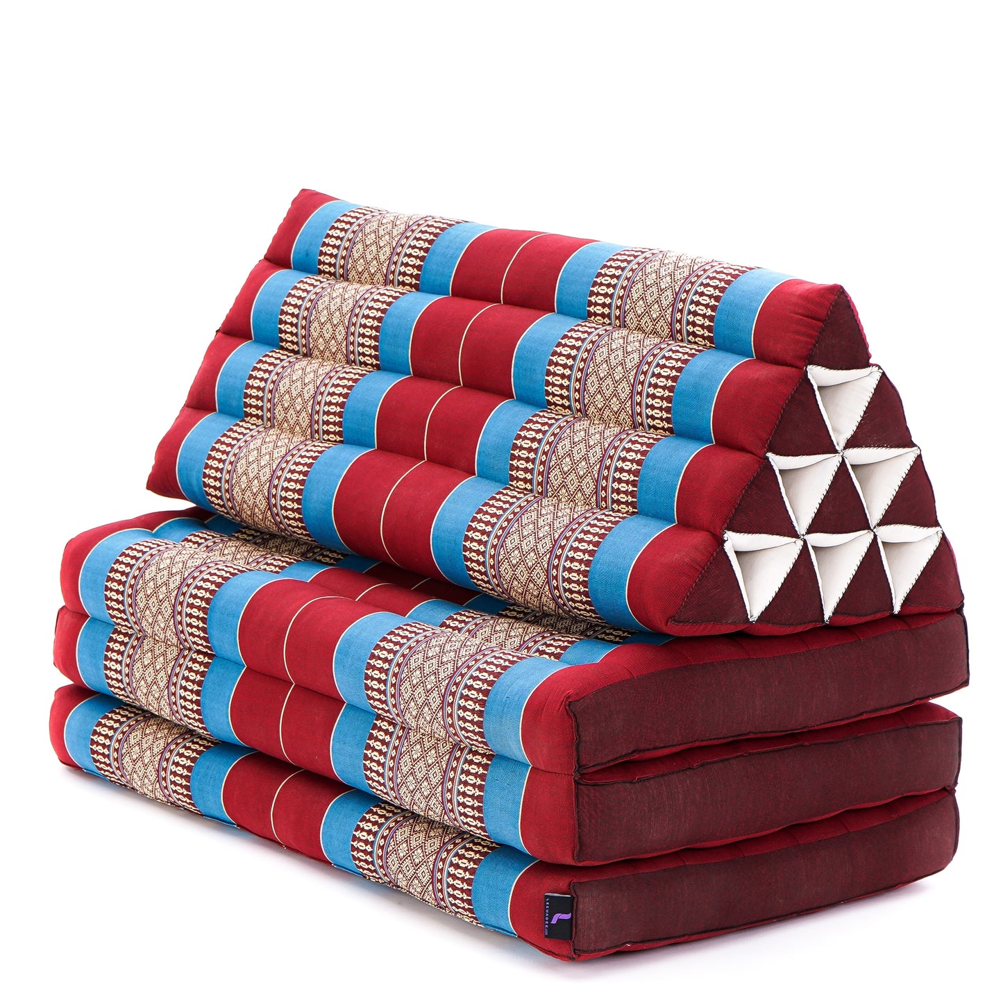 Thai Folding Mat with Triangle Cushion – Handmade Kapok Relax Mat for Sleeping, Reading & Lounging, Sf27 - Blue, Red, 3 seating segments XL