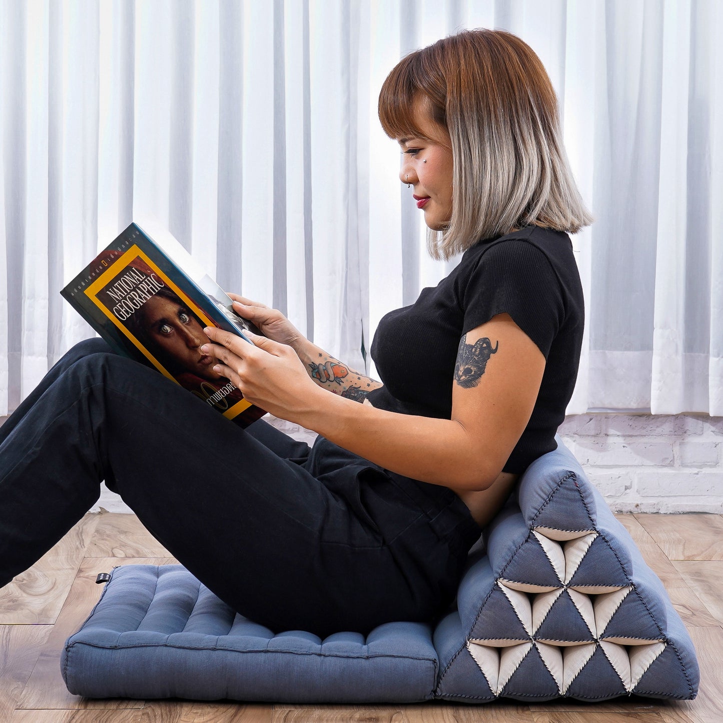 Triangular Kapok Backrest Cushion – Firm Thai Reading Pillow with Cotton Cover in Plain or Patterned Designs, Cl13 - Grey, 1 seating segment