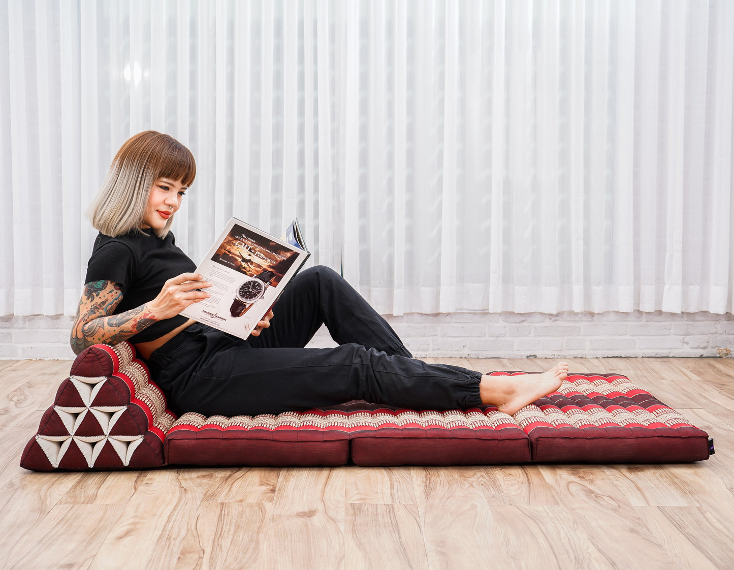 Thai Folding Mat with Triangle Cushion – Handmade Kapok Relax Mat for Sleeping, Reading & Lounging, Sf24 - Red, Brown, 3 seating segments XL