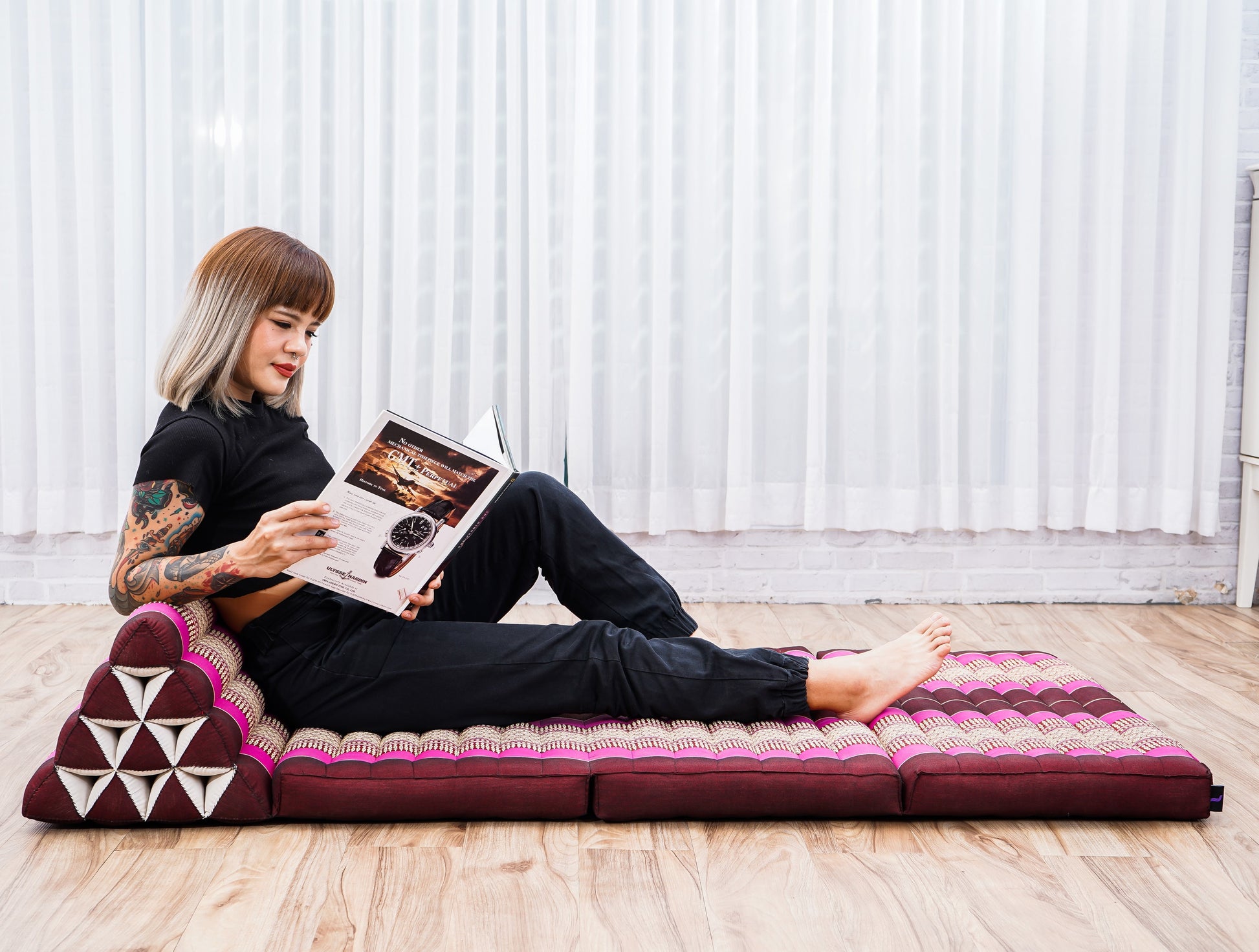 Thai Folding Mat with Triangle Cushion – Handmade Kapok Relax Mat for Sleeping, Reading & Lounging, Sf29 - Auburn, Pink, 3 seating segments XL