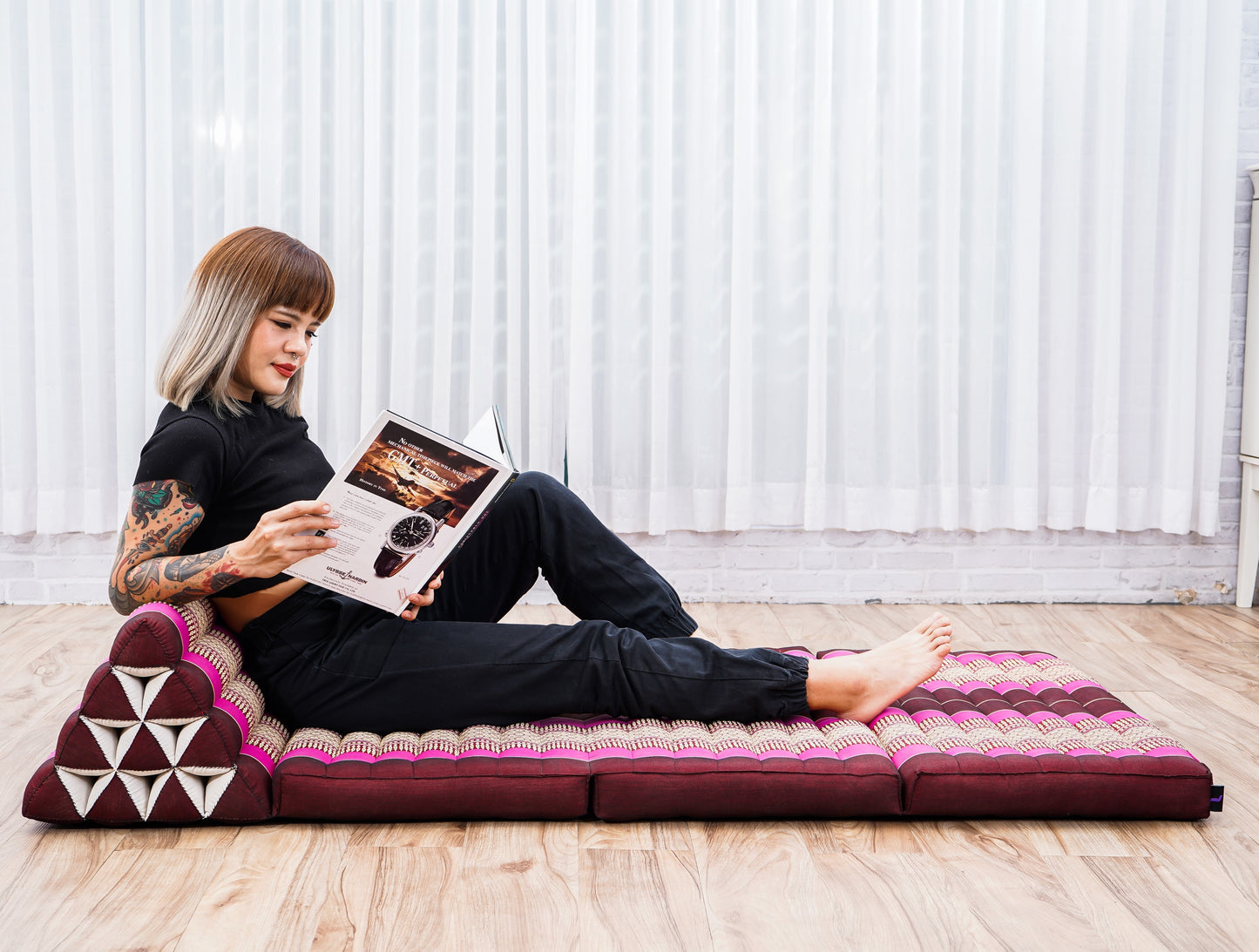 Thai Folding Mat with Triangle Cushion – Handmade Kapok Relax Mat for Sleeping, Reading & Lounging, Sf29 - Auburn, Pink, 3 seating segments XL