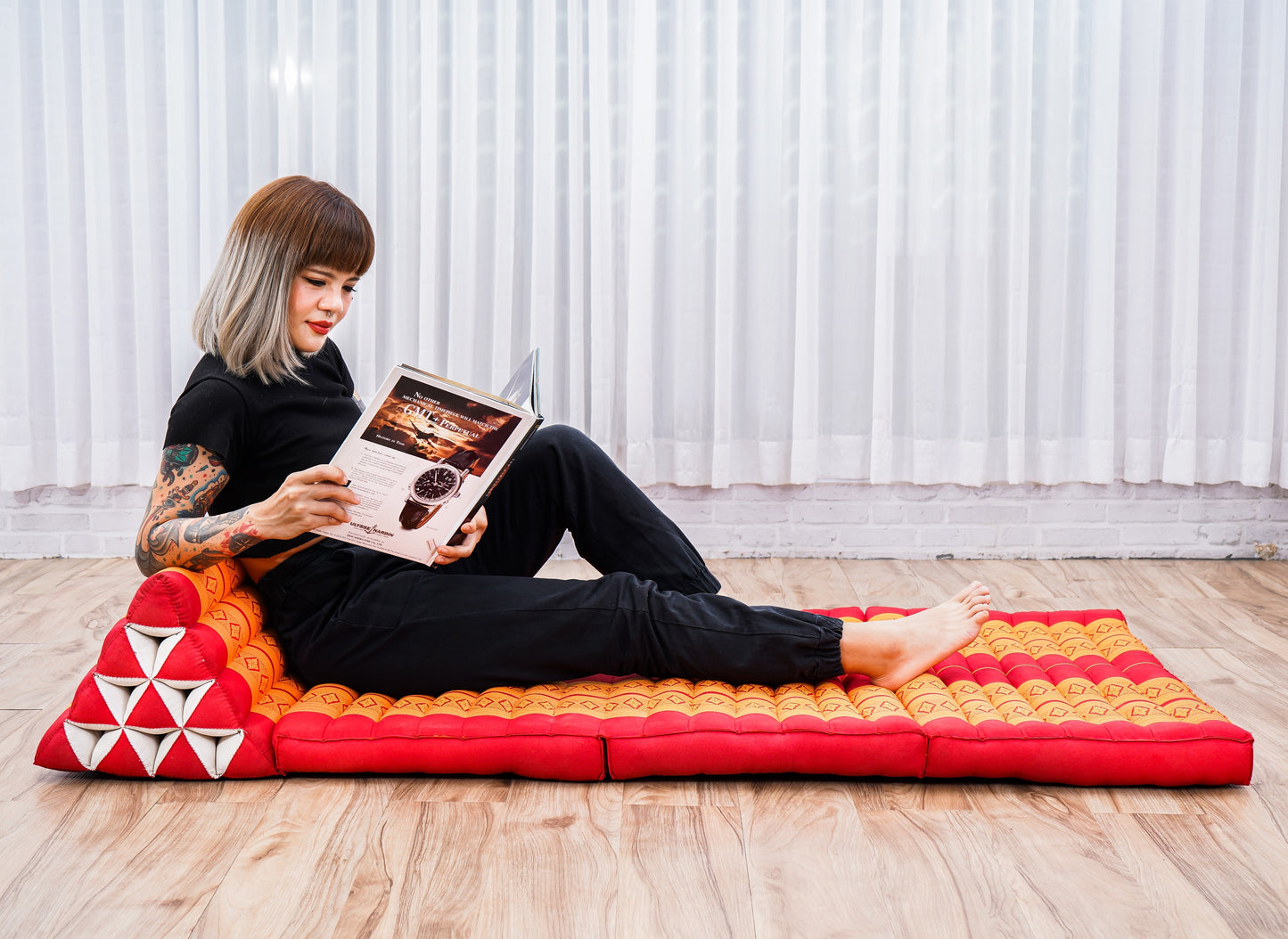 Thai Folding Mat with Triangle Cushion – Handmade Kapok Relax Mat for Sleeping, Reading & Lounging, Sf02 - Orange, 3 seating segments XL