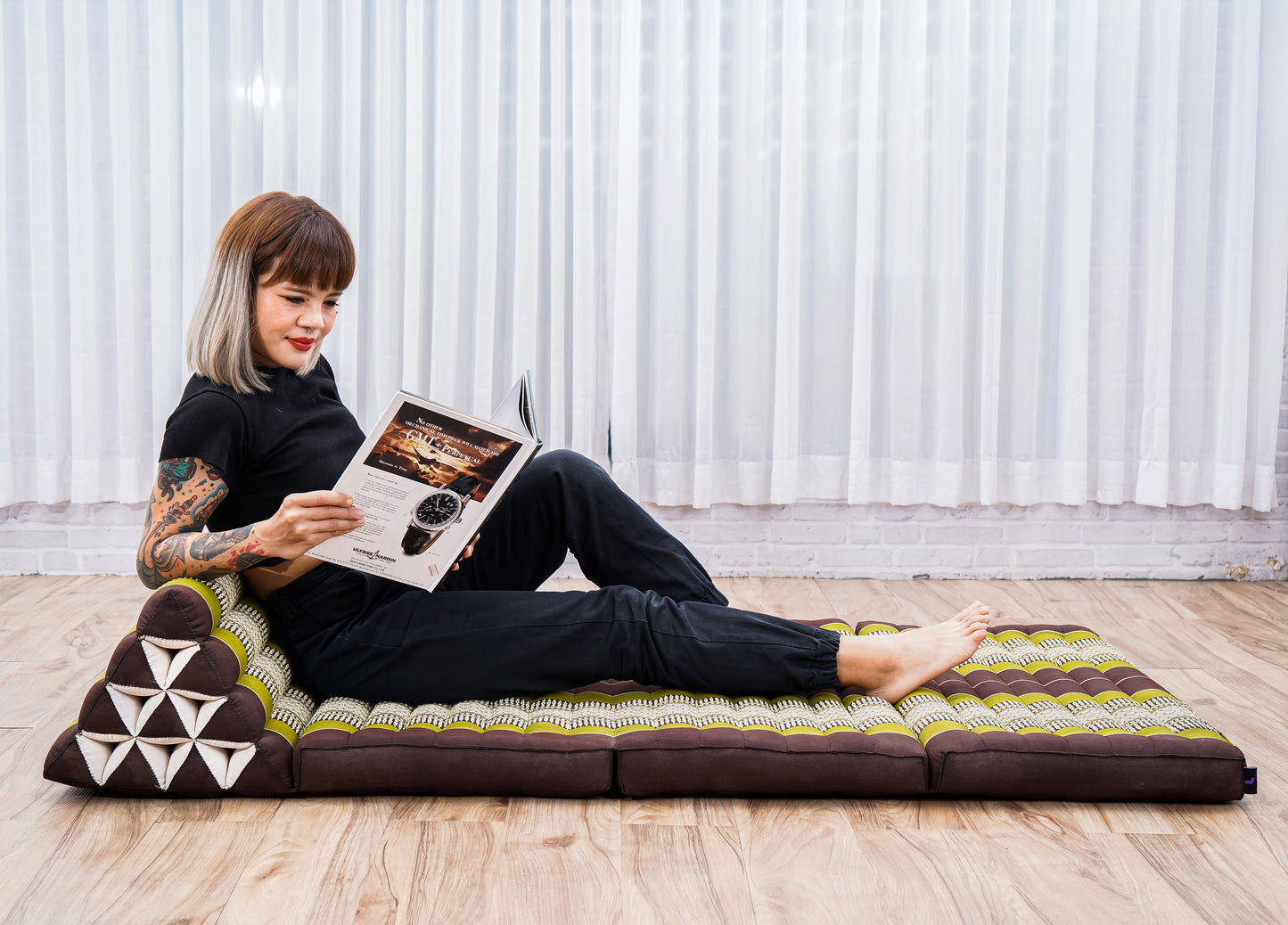 Thai Folding Mat with Triangle Cushion – Handmade Kapok Relax Mat for Sleeping, Reading & Lounging, Sf20 - Brown, Green, 3 seating segments XL