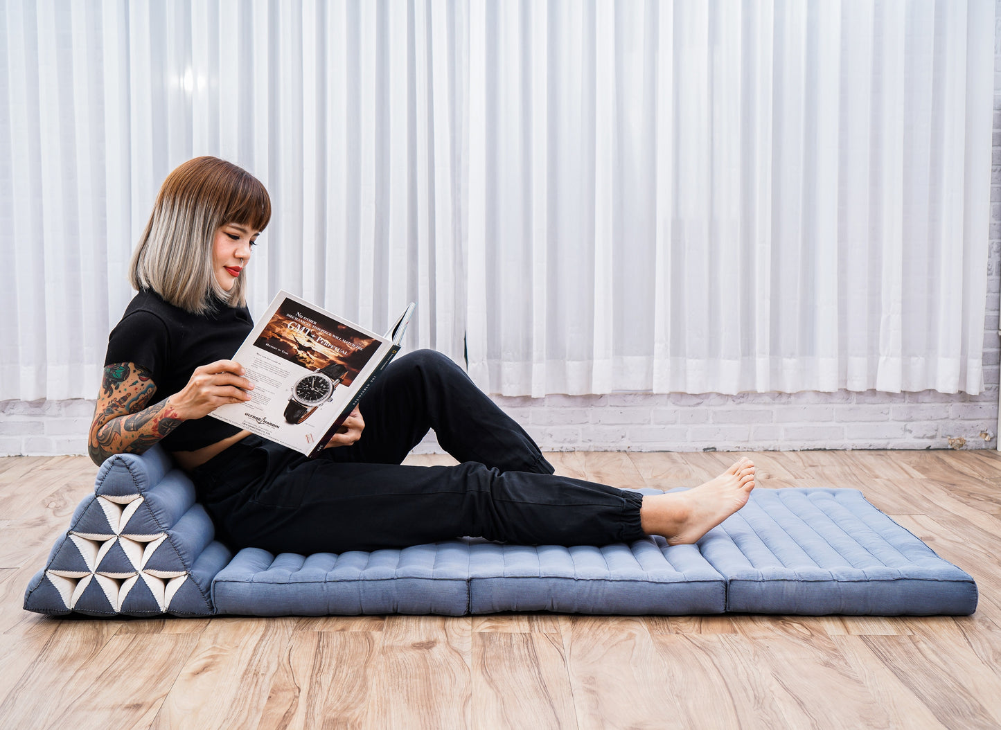 Thai Folding Mat with Triangle Cushion – Handmade Kapok Relax Mat for Sleeping, Reading & Lounging, Cl13 - Grey, 3 seating segments XL