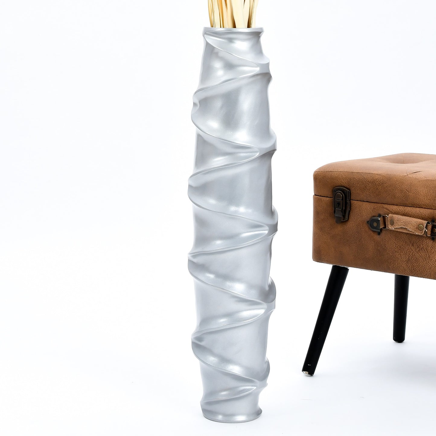 Large Mango Wood Floor Vase – Handcrafted Decorative Highlight from Thailand, silver, 65 cm