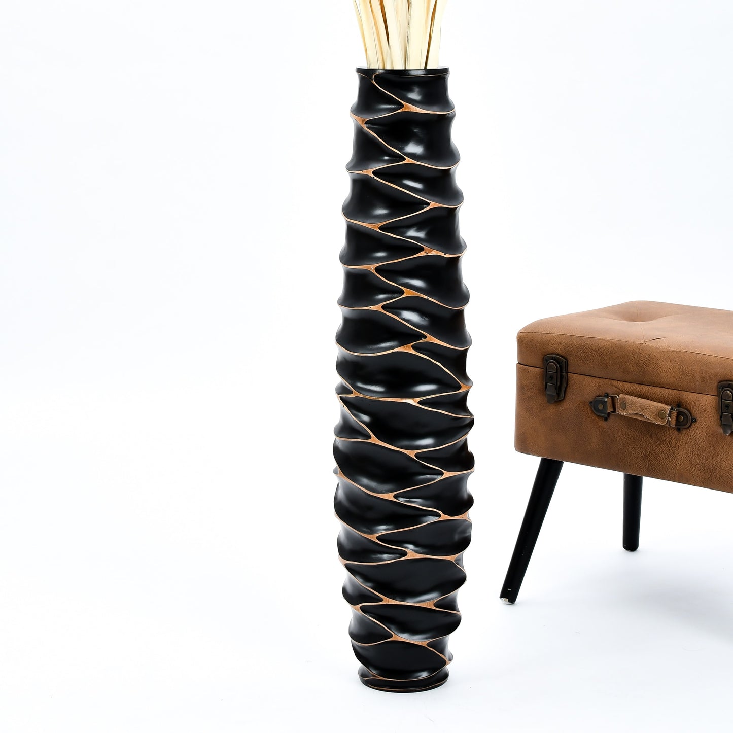 Large Mango Wood Floor Vase – Handcrafted Decorative Highlight from Thailand, black, 85 cm