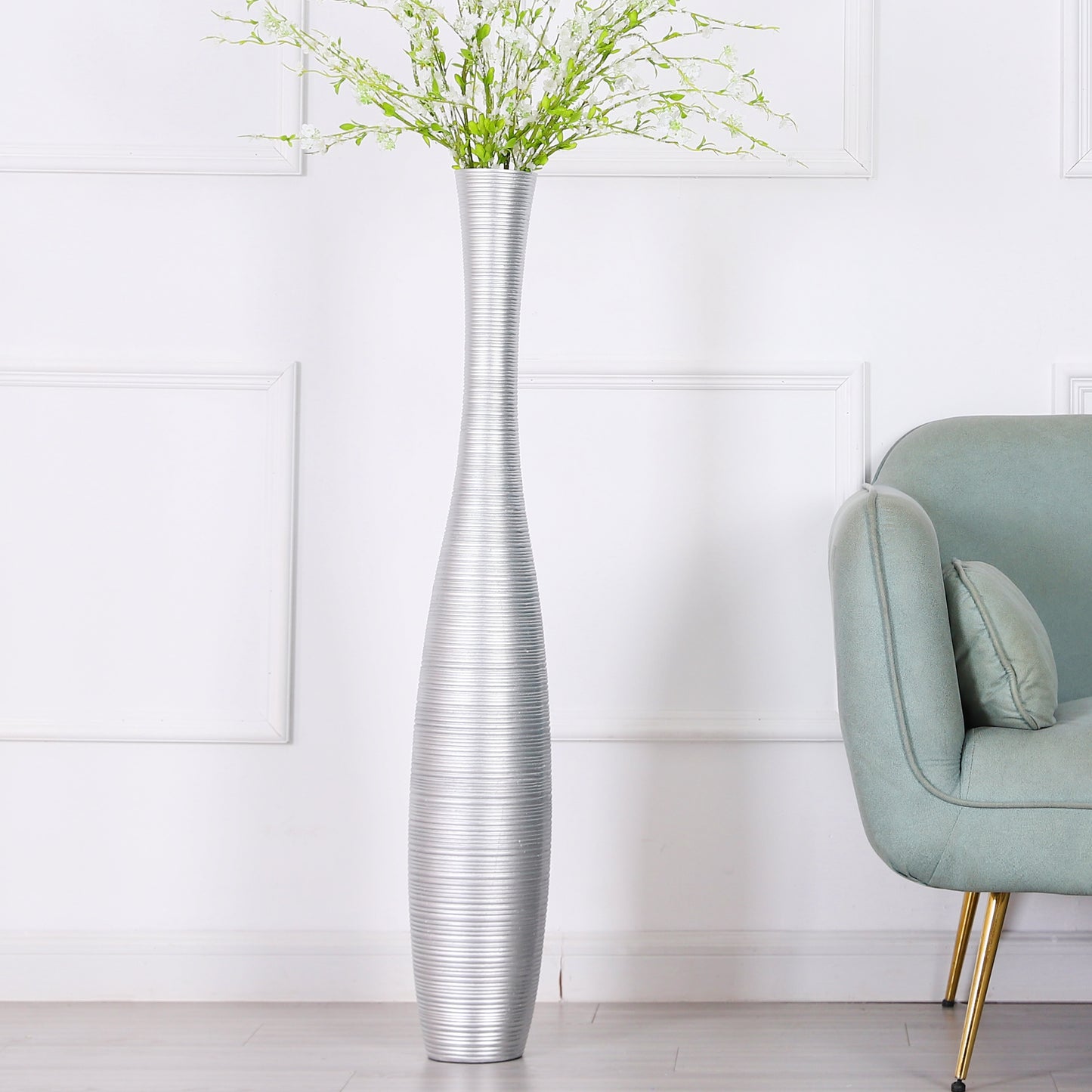 Large Resin Floor Vase – Stylish Waterproof Vase for Fresh & Dried Flowers, silver, 105 cm