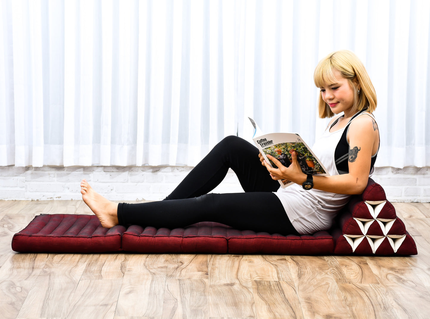 Thai Folding Mat with Triangle Cushion – Handmade Kapok Relax Mat for Sleeping, Reading & Lounging, Cl24 - Red, 3 seating segments