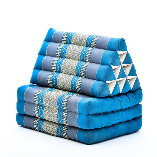 Thai Folding Mat with Triangle Cushion – Handmade Kapok Relax Mat for Sleeping, Reading & Lounging, Sf22 - Blue, 3 seating segments