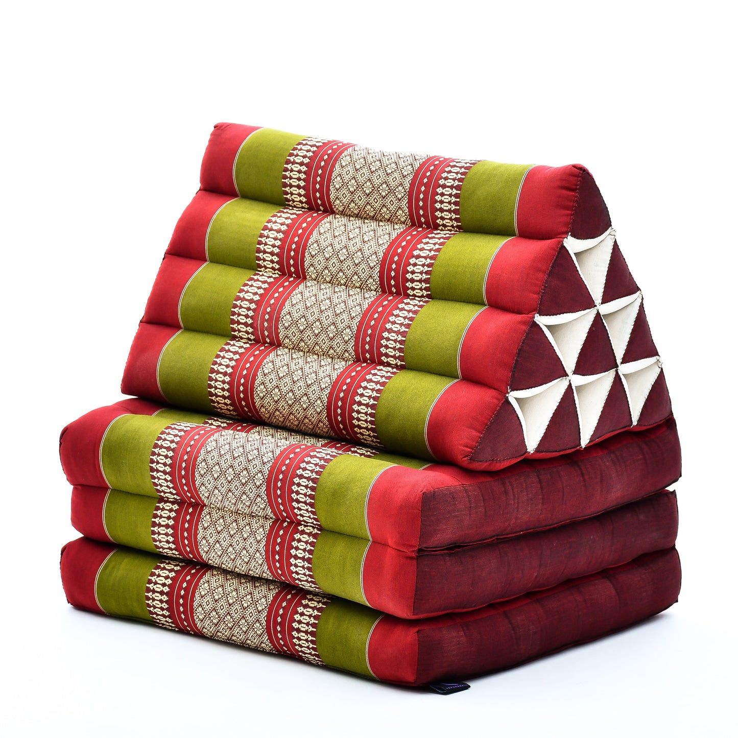 Thai Folding Mat with Triangle Cushion – Handmade Kapok Relax Mat for Sleeping, Reading & Lounging, Sf11 - Red, Green, 3 seating segments