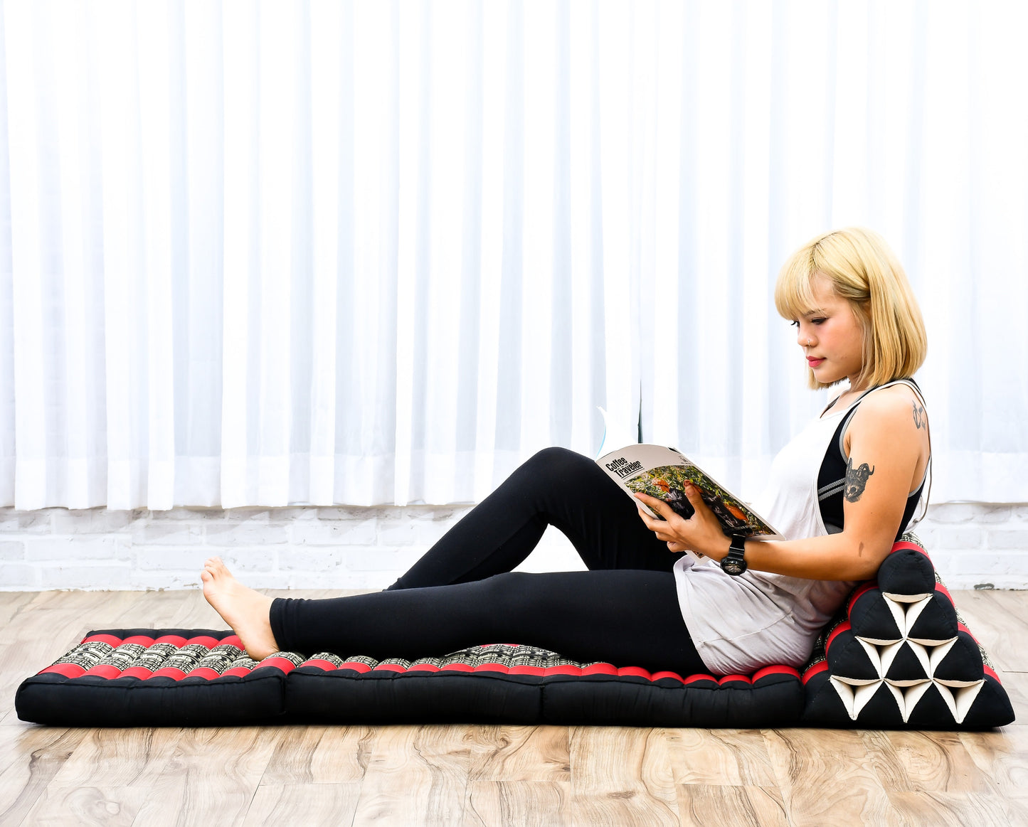 Thai Folding Mat with Triangle Cushion – Handmade Kapok Relax Mat for Sleeping, Reading & Lounging, Sf13 - Red, Black, 3 seating segments