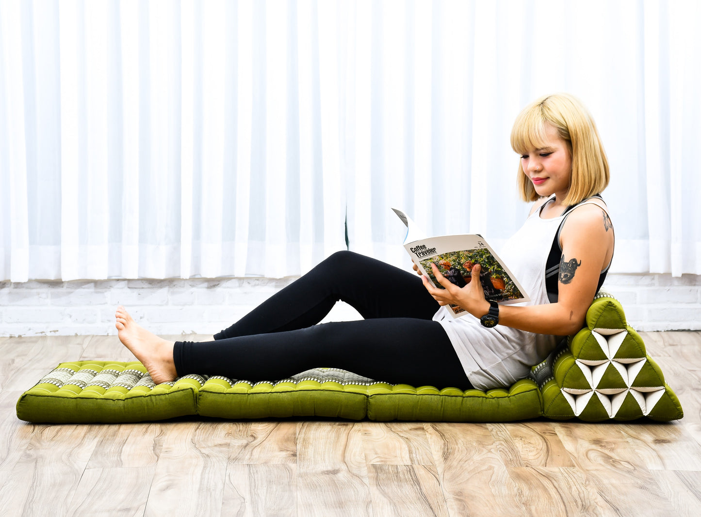 Thai Folding Mat with Triangle Cushion – Handmade Kapok Relax Mat for Sleeping, Reading & Lounging, Sf17 - Green, 3 seating segments