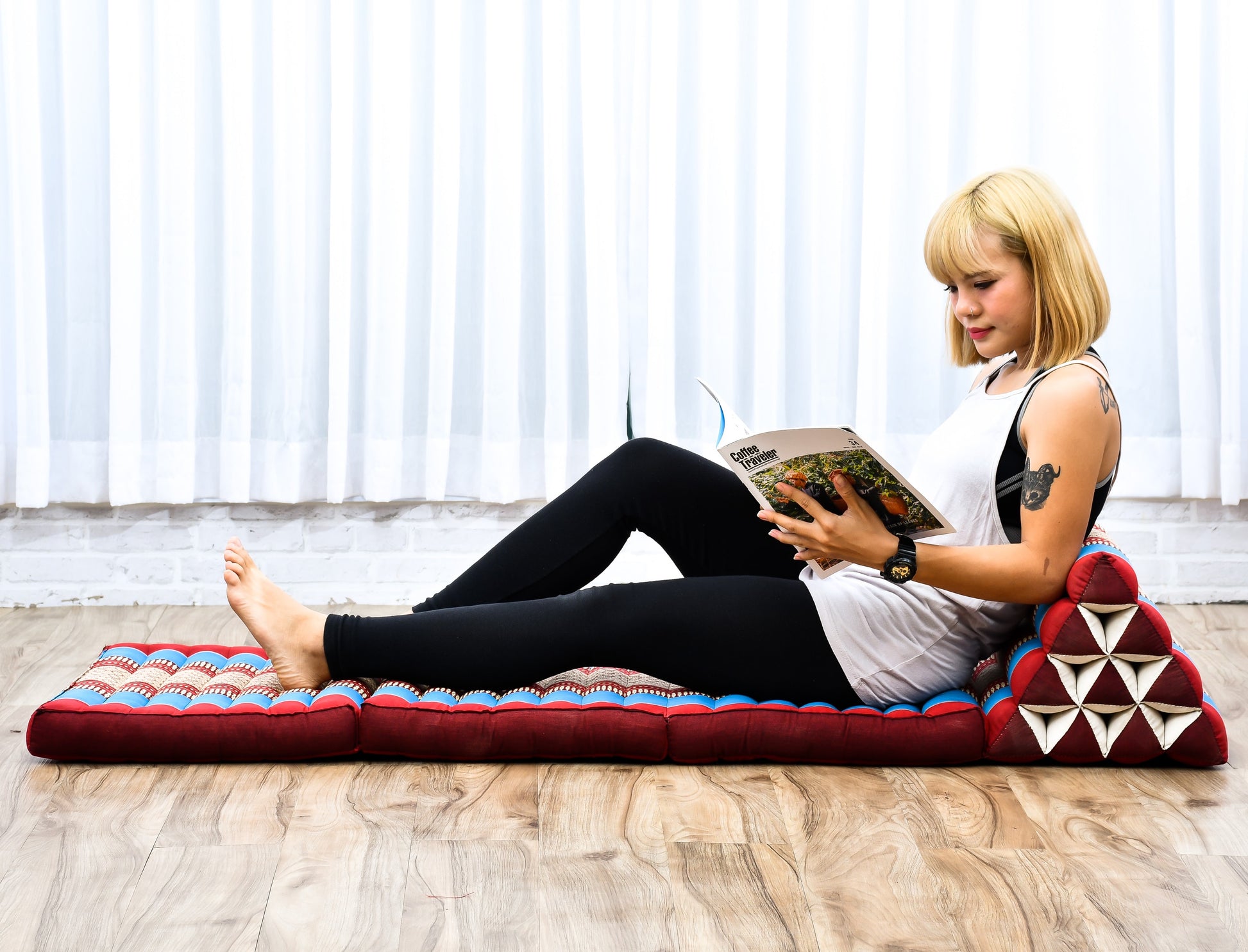 Thai Folding Mat with Triangle Cushion – Handmade Kapok Relax Mat for Sleeping, Reading & Lounging, Sf27 - Blue, Red, 3 seating segments