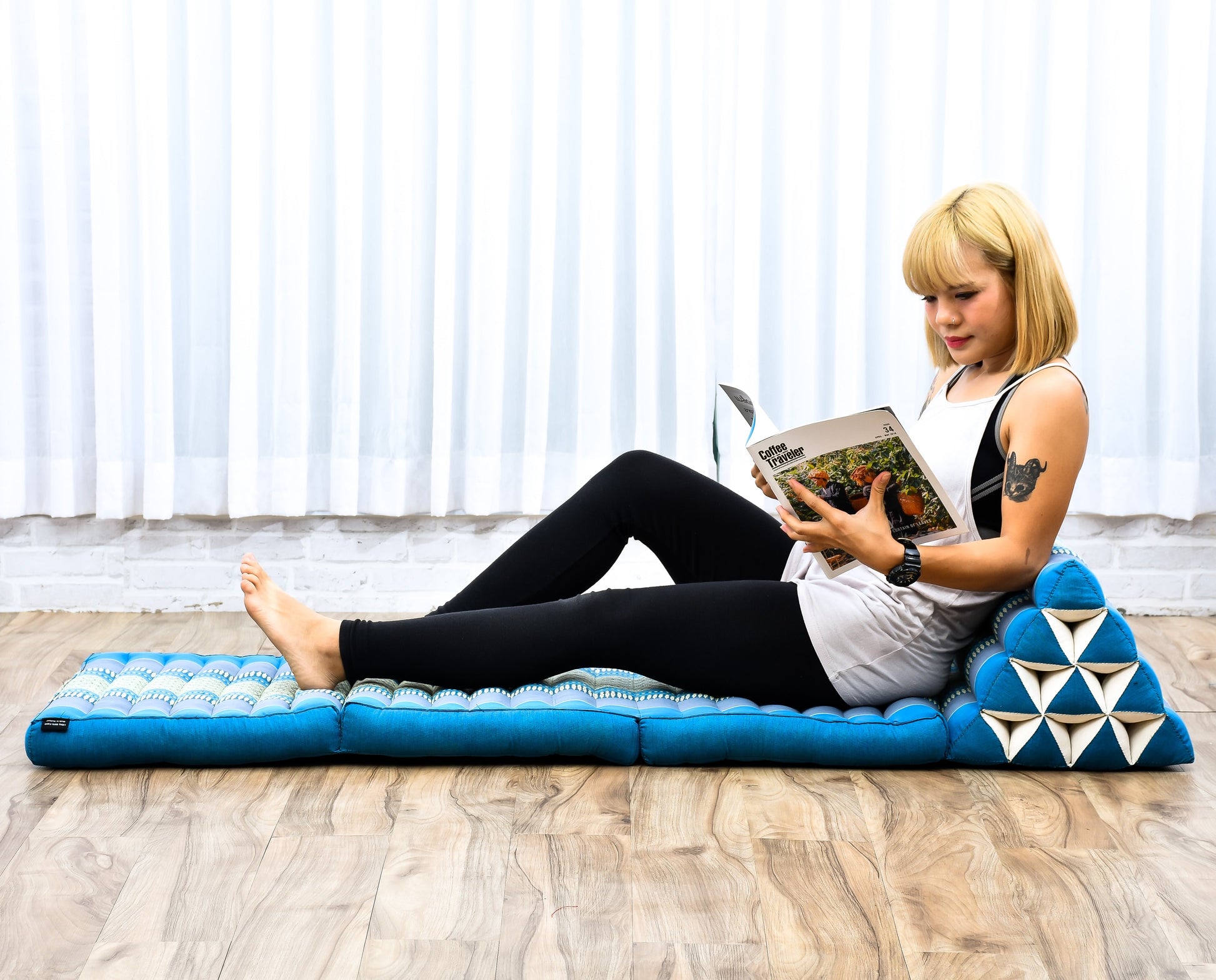 Thai Folding Mat with Triangle Cushion – Handmade Kapok Relax Mat for Sleeping, Reading & Lounging, Sf22 - Blue, 3 seating segments