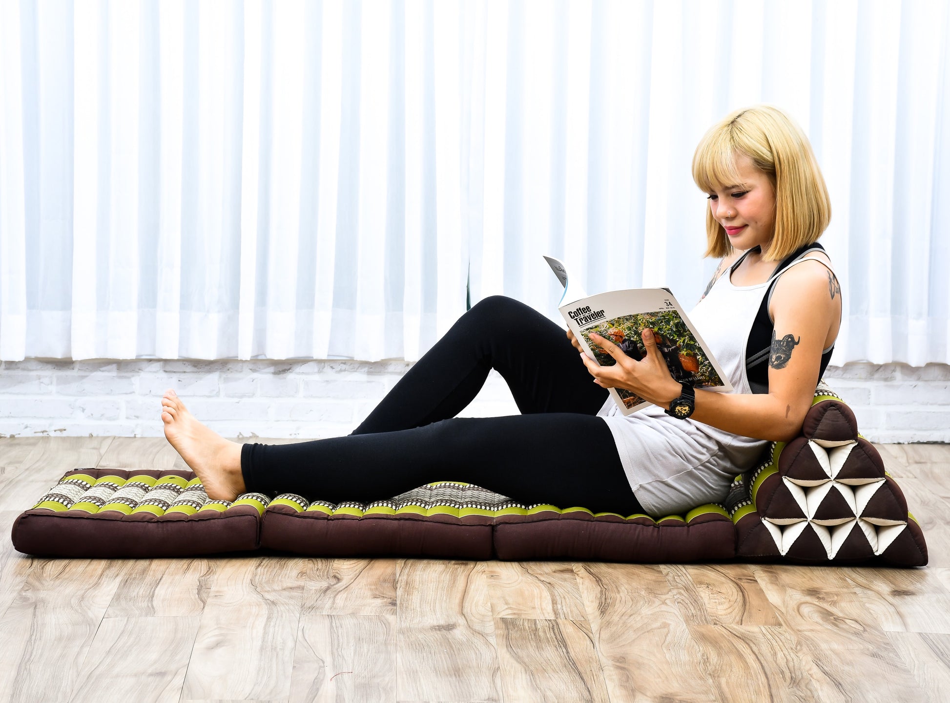Thai Folding Mat with Triangle Cushion – Handmade Kapok Relax Mat for Sleeping, Reading & Lounging, Sf20 - Brown, Green, 3 seating segments