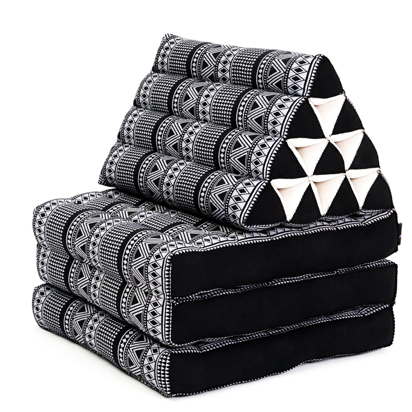 Thai Folding Mat with Triangle Cushion – Handmade Kapok Relax Mat for Sleeping, Reading & Lounging, Cbt3 - Black, 3 seating segments