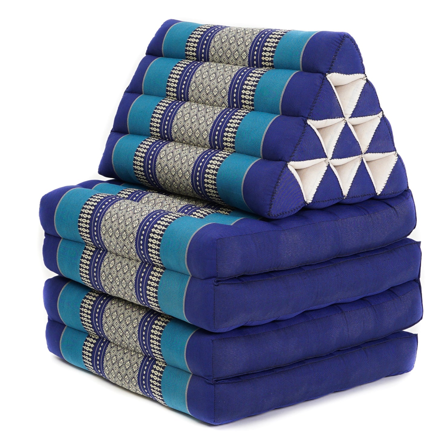 Thai Folding Mat with Triangle Cushion – Handmade Kapok Relax Mat for Sleeping, Reading & Lounging, Sf28 - Blue, 4 seating segments