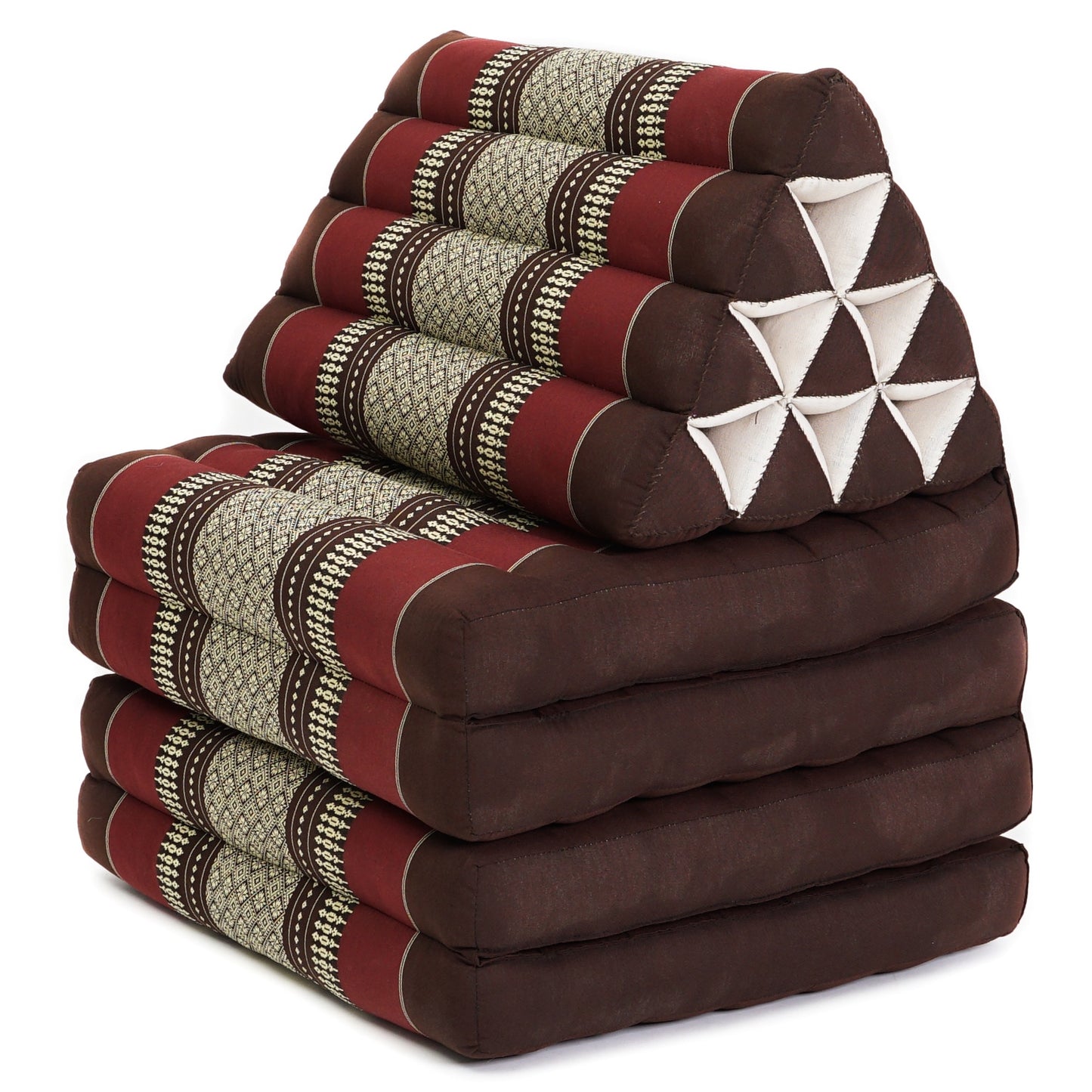 Thai Folding Mat with Triangle Cushion – Handmade Kapok Relax Mat for Sleeping, Reading & Lounging, Sf19 - Red, Brown, 4 seating segments