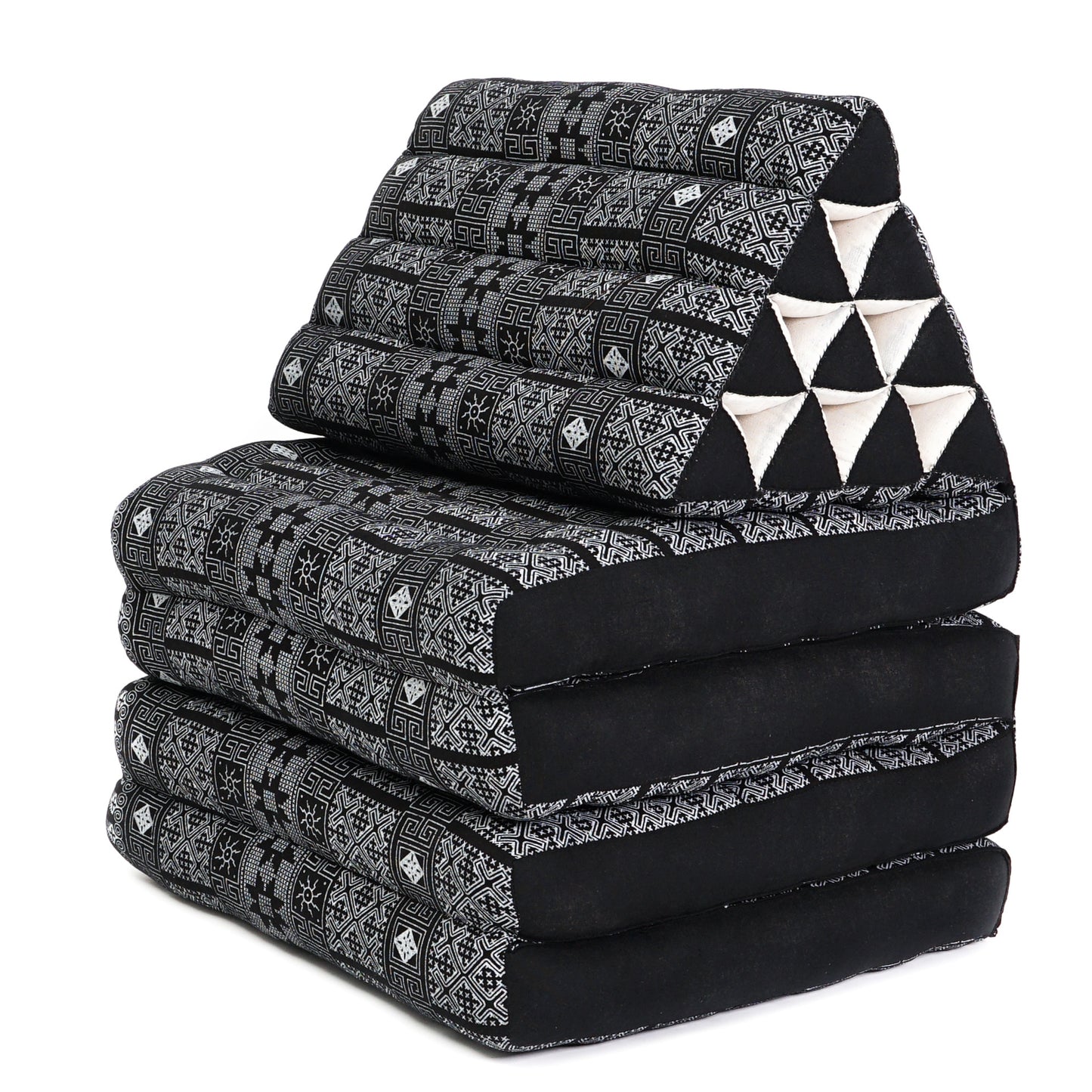 Thai Folding Mat with Triangle Cushion – Handmade Kapok Relax Mat for Sleeping, Reading & Lounging, Cbt4 - Black, 4 seating segments