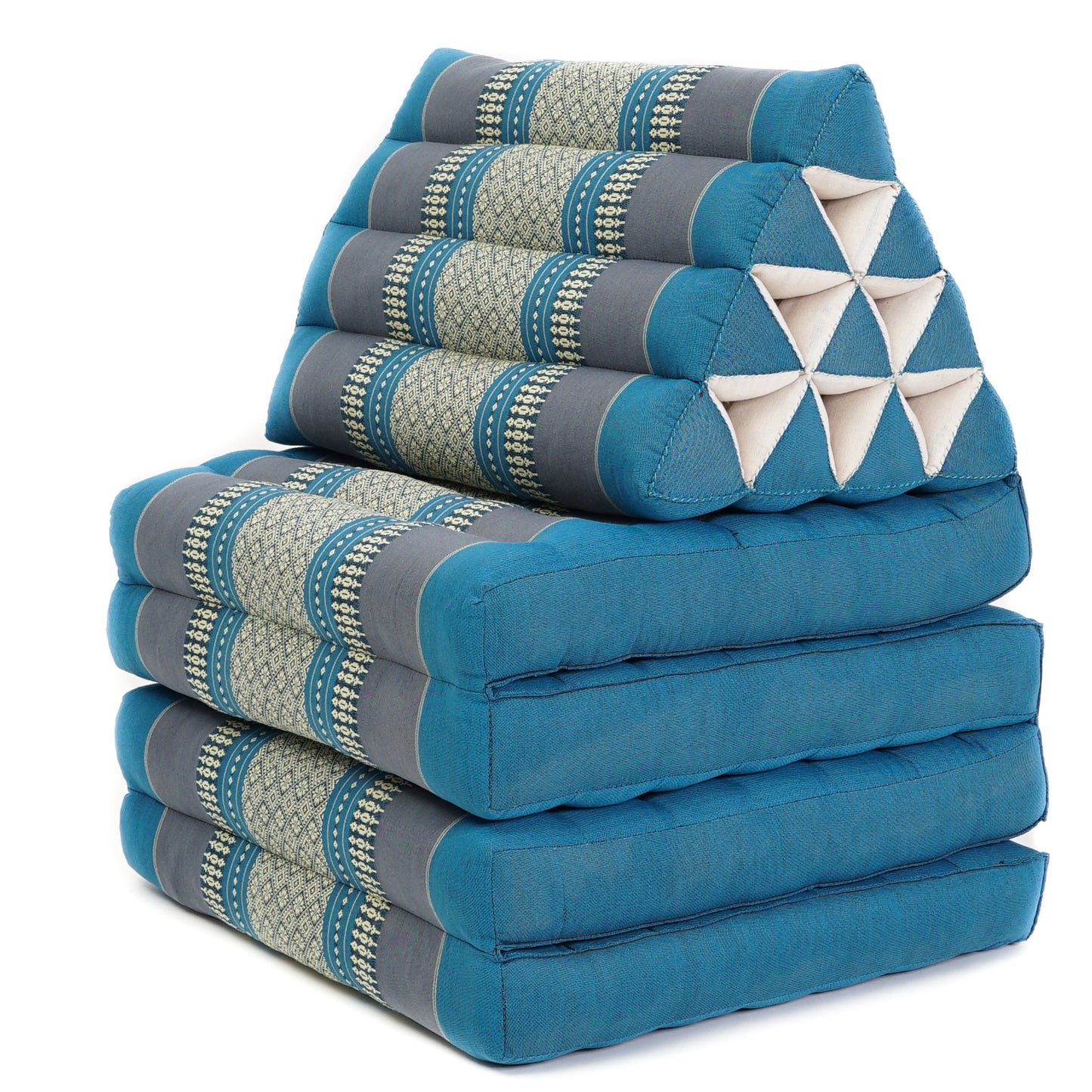 Thai Folding Mat with Triangle Cushion – Handmade Kapok Relax Mat for Sleeping, Reading & Lounging, Sf22 - Blue, 4 seating segments
