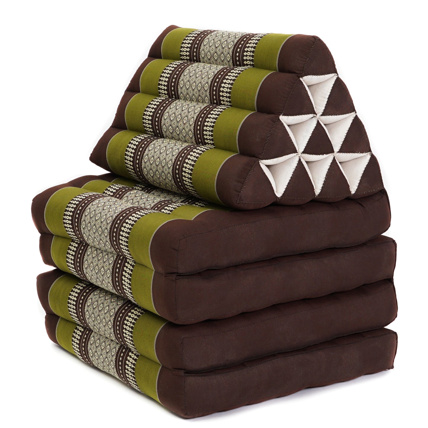 Thai Folding Mat with Triangle Cushion – Handmade Kapok Relax Mat for Sleeping, Reading & Lounging, Sf20 - Brown, Green, 4 seating segments