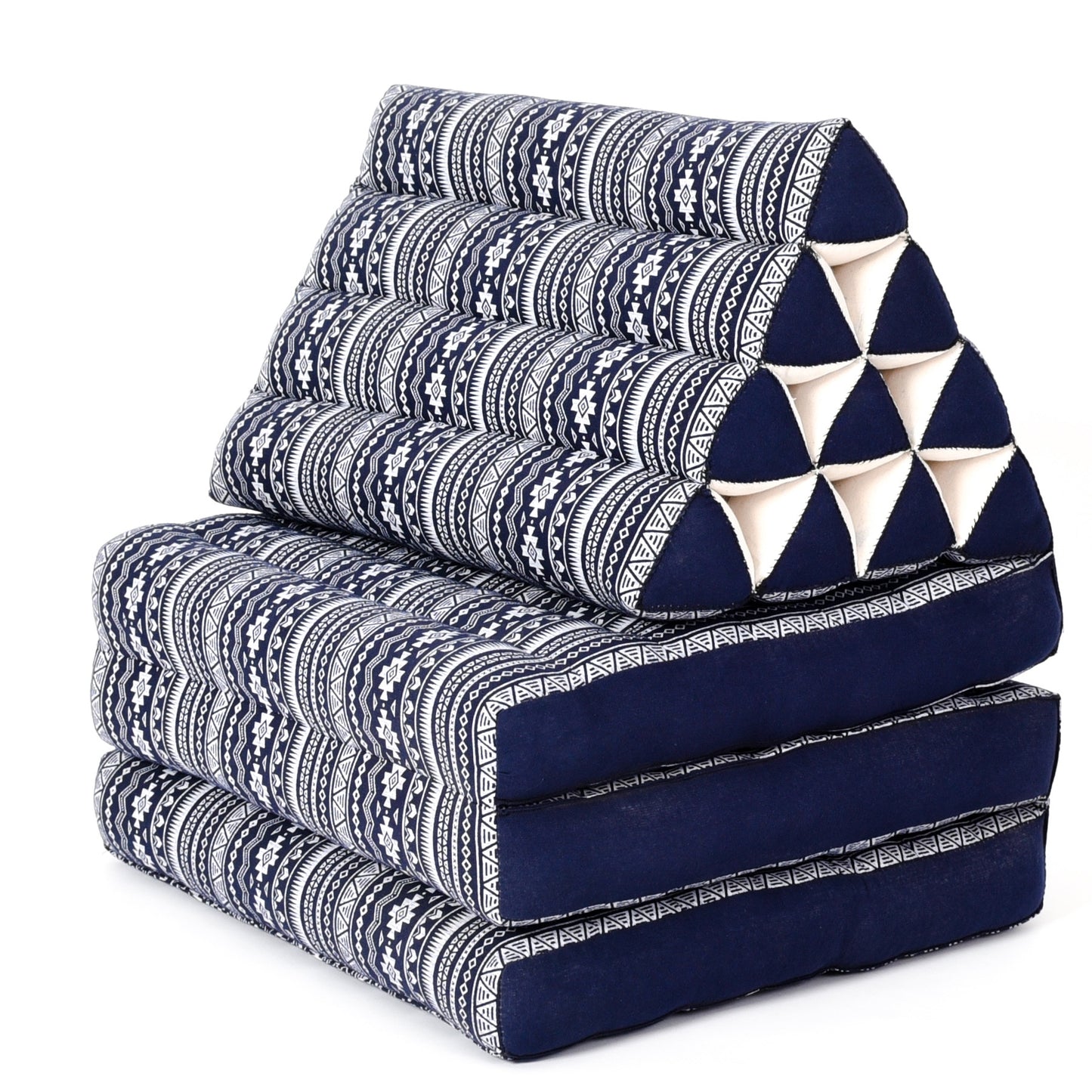 Thai Folding Mat with Triangle Cushion – Handmade Kapok Relax Mat for Sleeping, Reading & Lounging, Cbt2 - Dark Blue, 3 seating segments