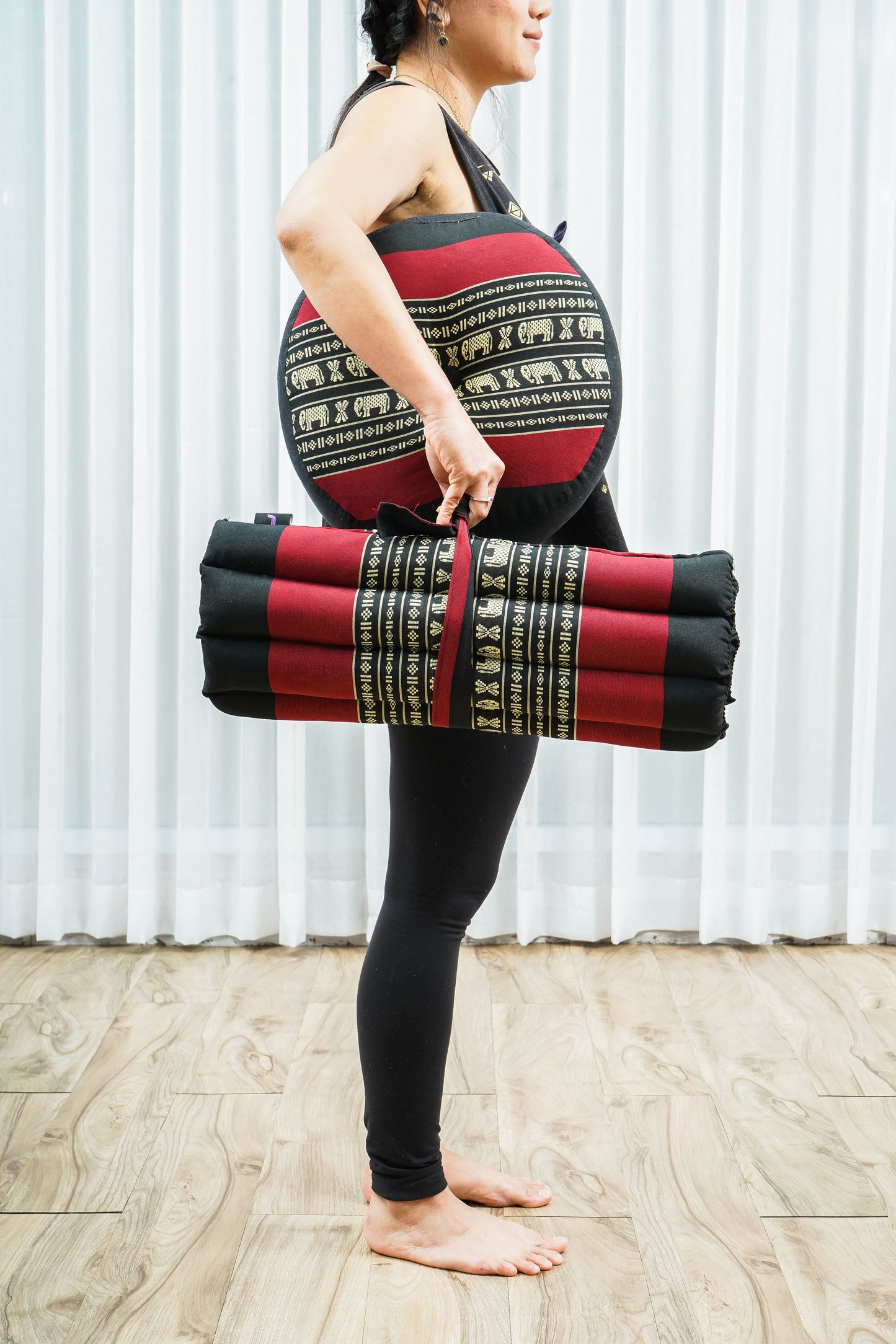 Compact Meditation Cushion Set Made of Kapok – Small Zabuton & Zafu with Cotton Cover, Sf13 - Red, Black