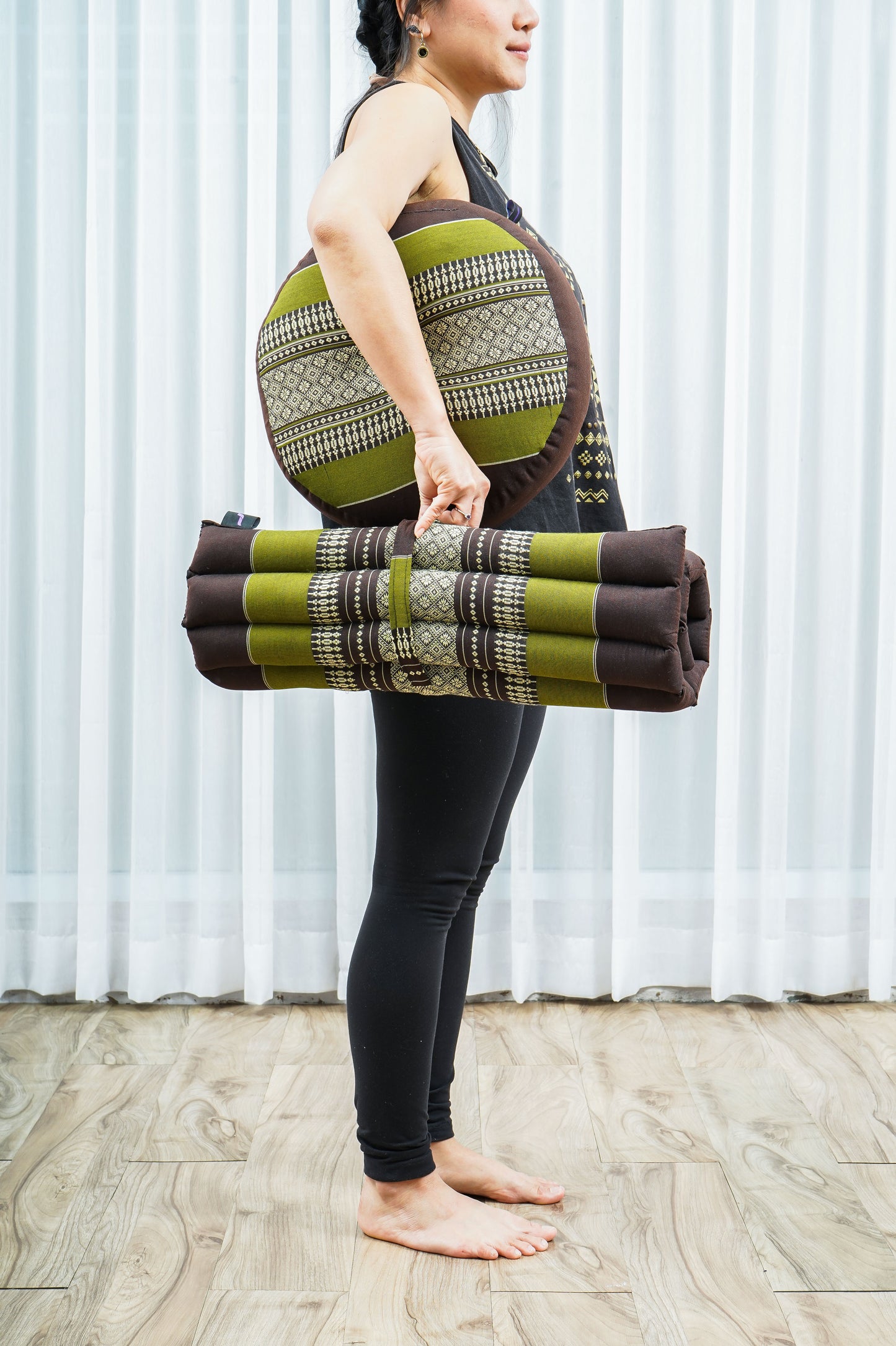 Compact Meditation Cushion Set Made of Kapok – Small Zabuton & Zafu with Cotton Cover, Sf20 - Brown, Green