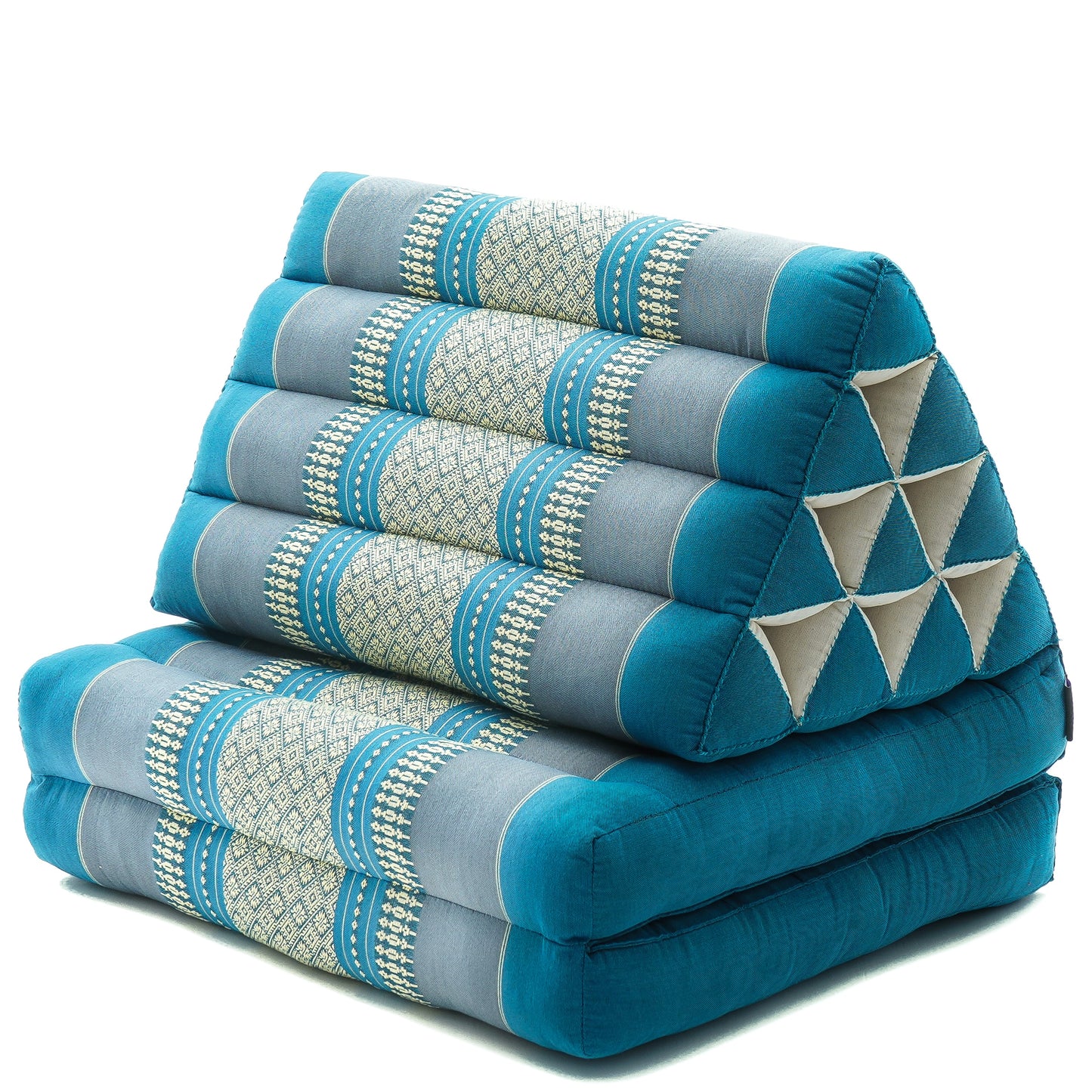 Thai Folding Mat with Triangle Cushion – Handmade Kapok Relax Mat for Sleeping, Reading & Lounging, Sf22 - Blue, 2 seating segments