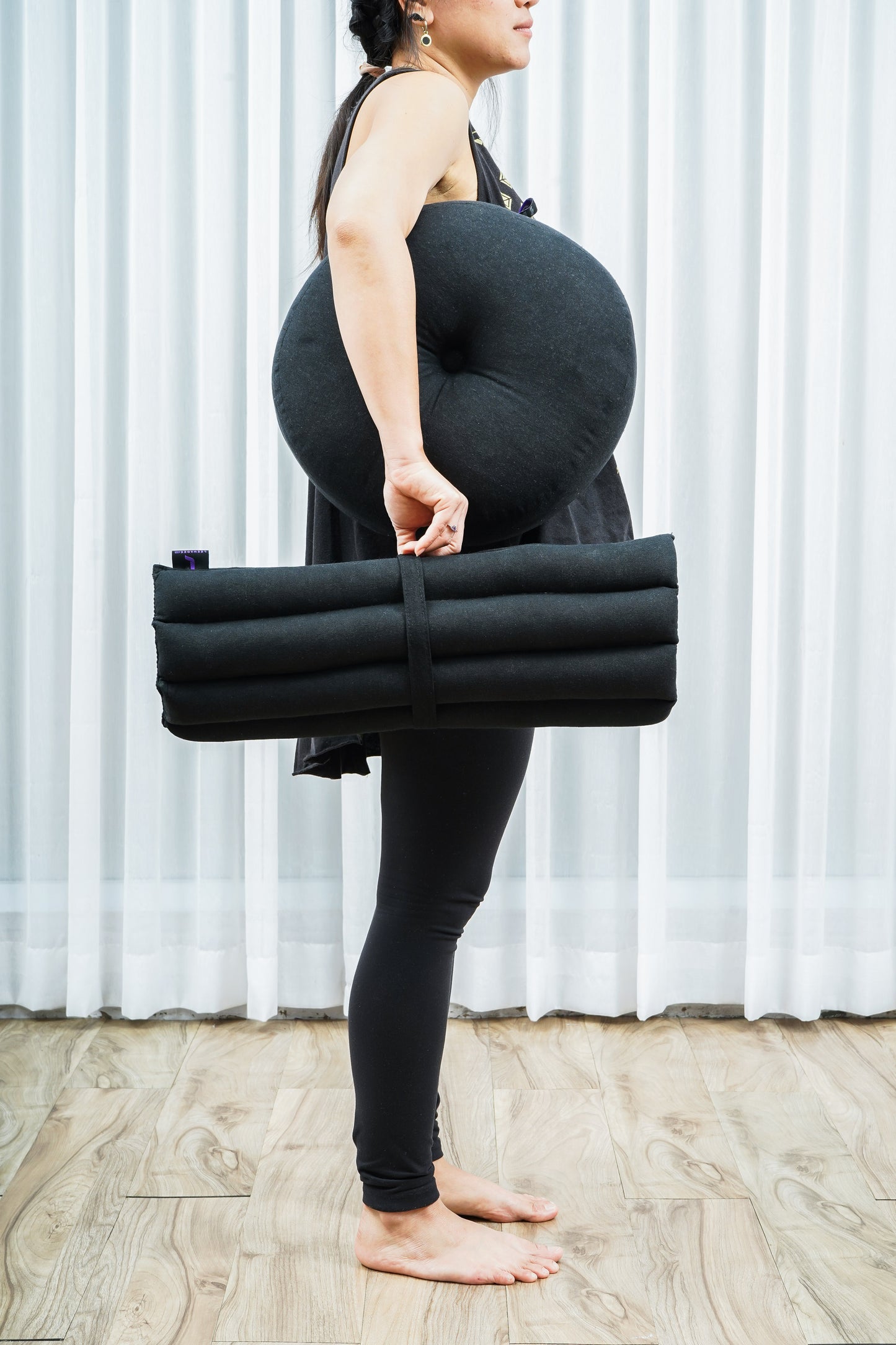 Compact Meditation Cushion Set Made of Kapok – Small Zabuton & Zafu with Cotton Cover, Cl02 - Black