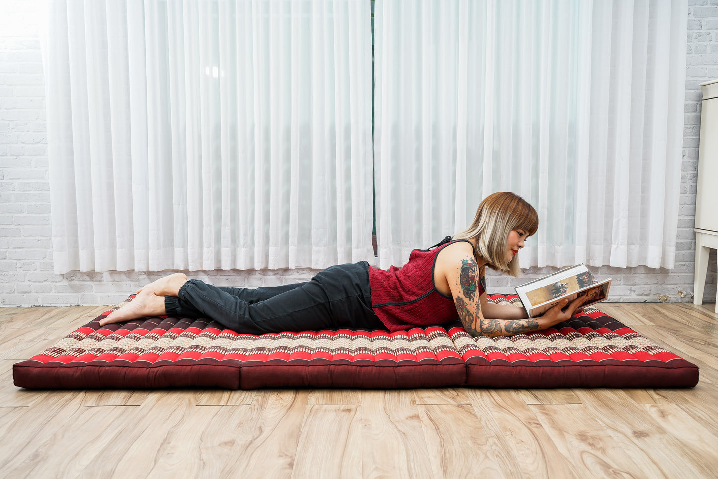 Kapok Folding Mattress – Thick Cotton Padded Guest Bed for Home, Sleeping & Mindfulness Corner, Sf24 - Red, Brown, L: 200x100 cm