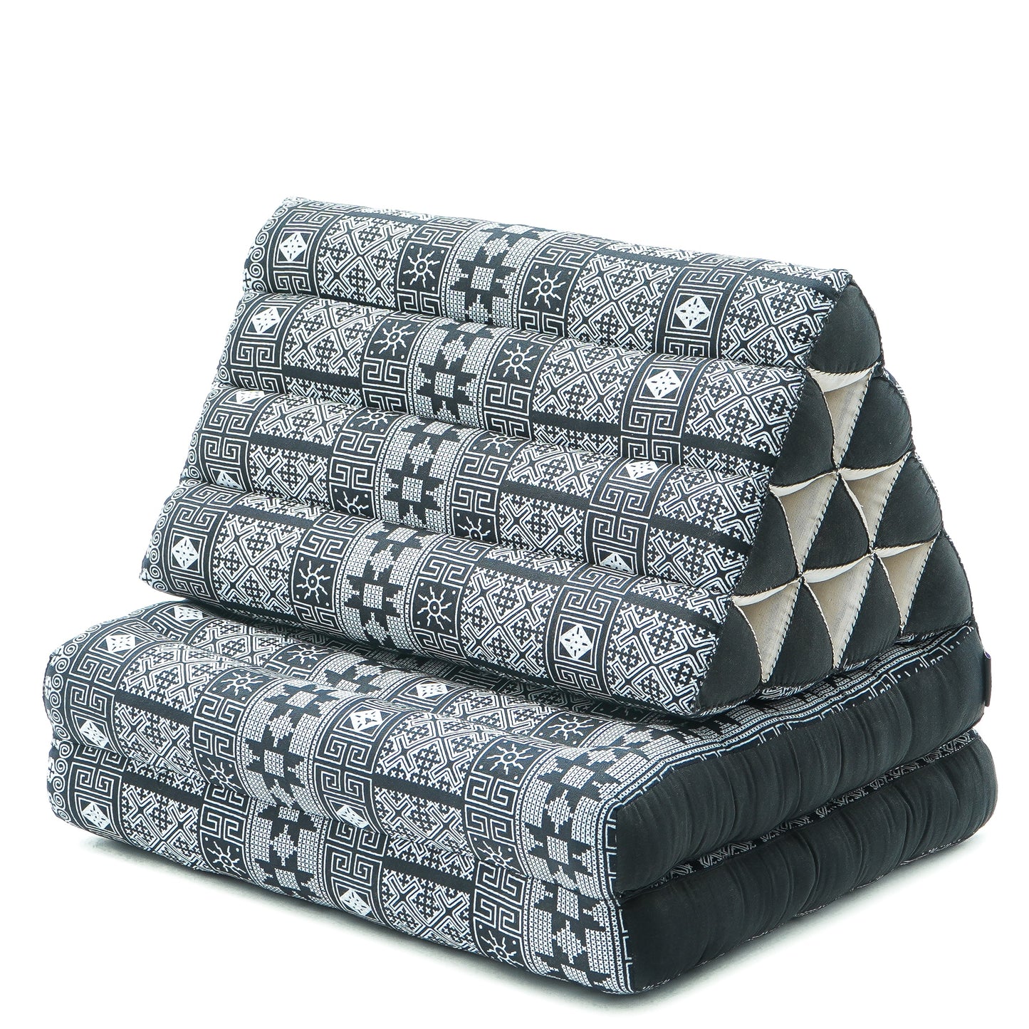 Thai Folding Mat with Triangle Cushion – Handmade Kapok Relax Mat for Sleeping, Reading & Lounging, Cbt4 - Black, 2 seating segments