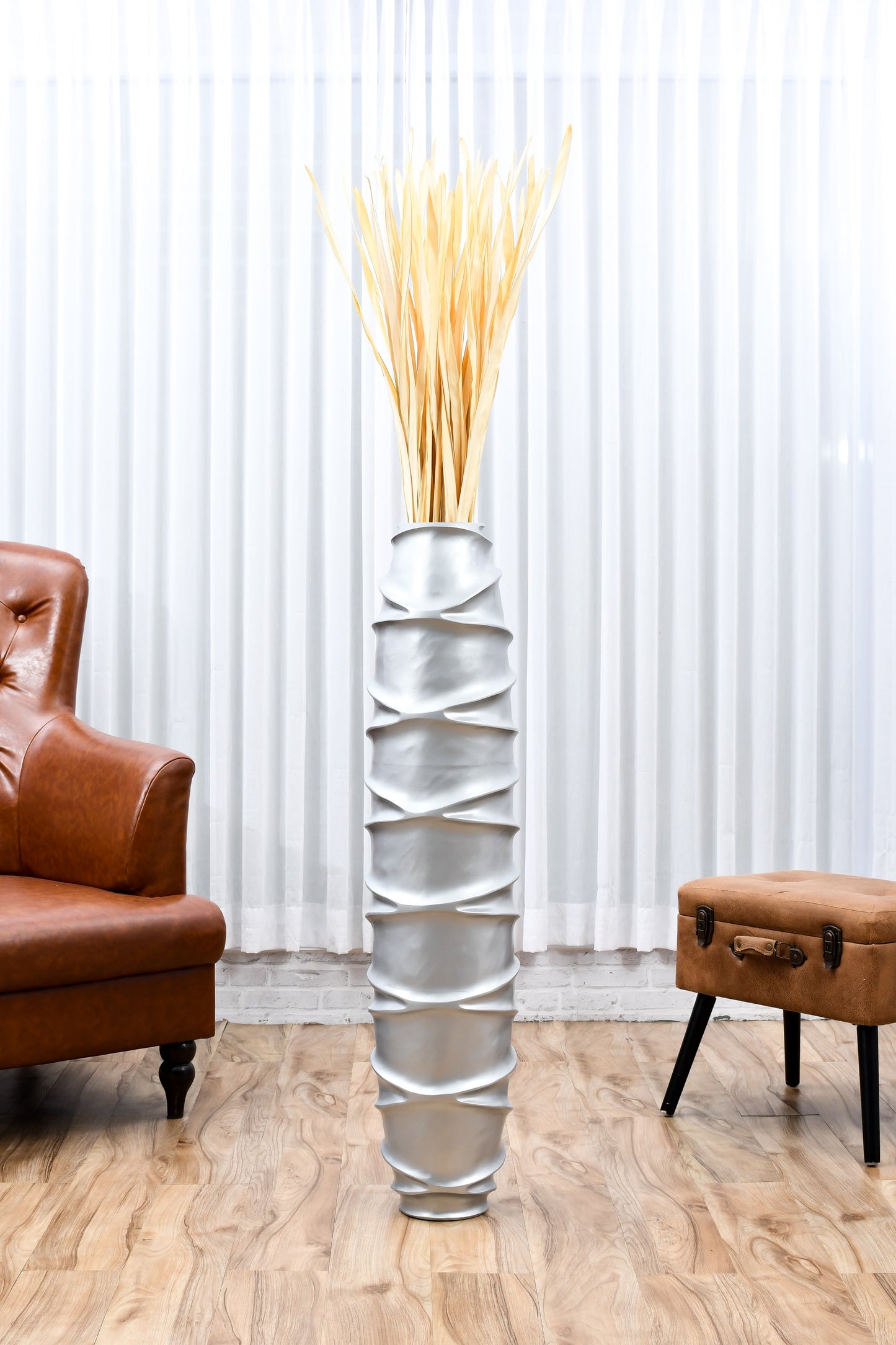 Large Mango Wood Floor Vase – Handcrafted Decorative Highlight from Thailand, silver, 105 cm