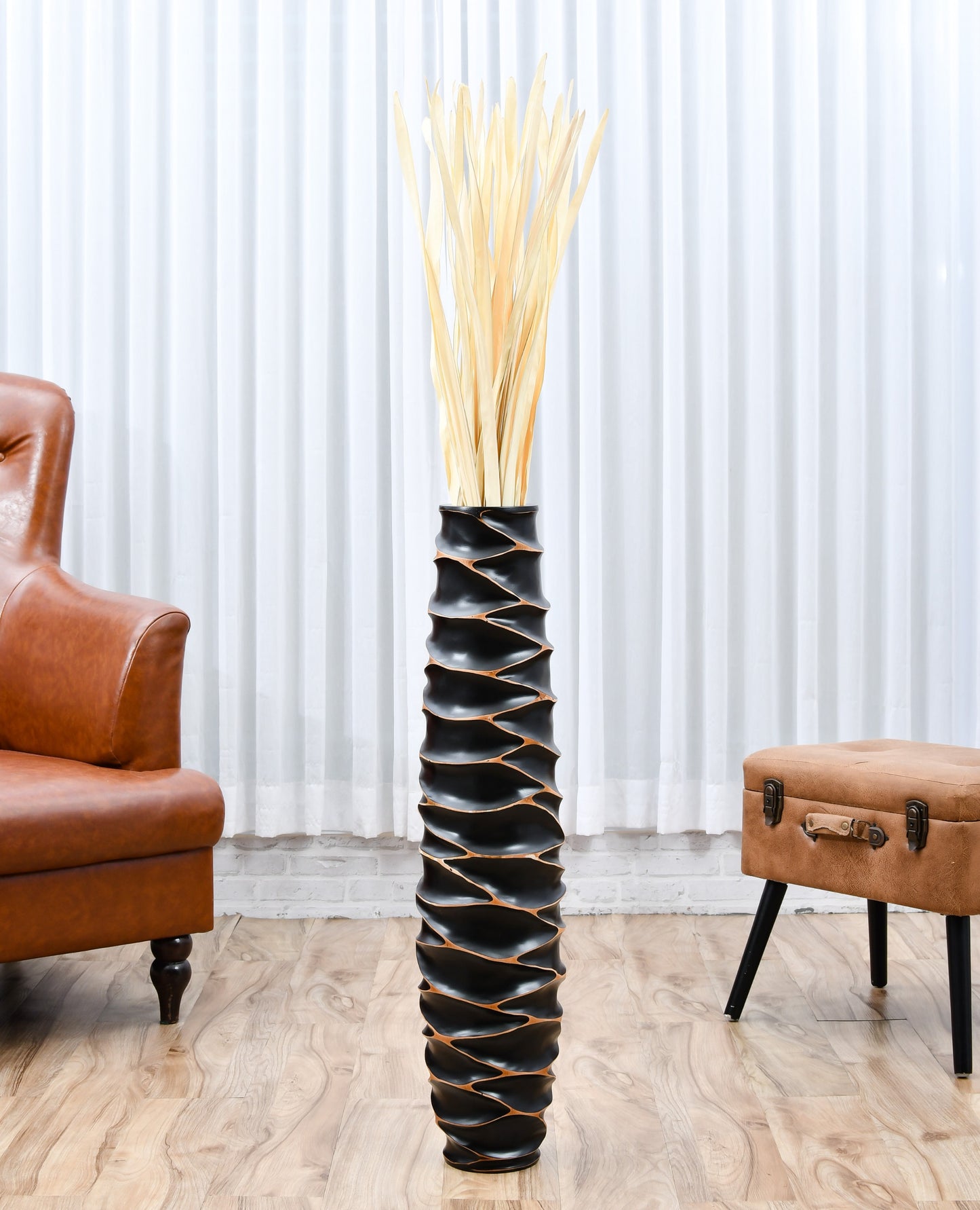 Large Mango Wood Floor Vase – Handcrafted Decorative Highlight from Thailand, black, 85 cm