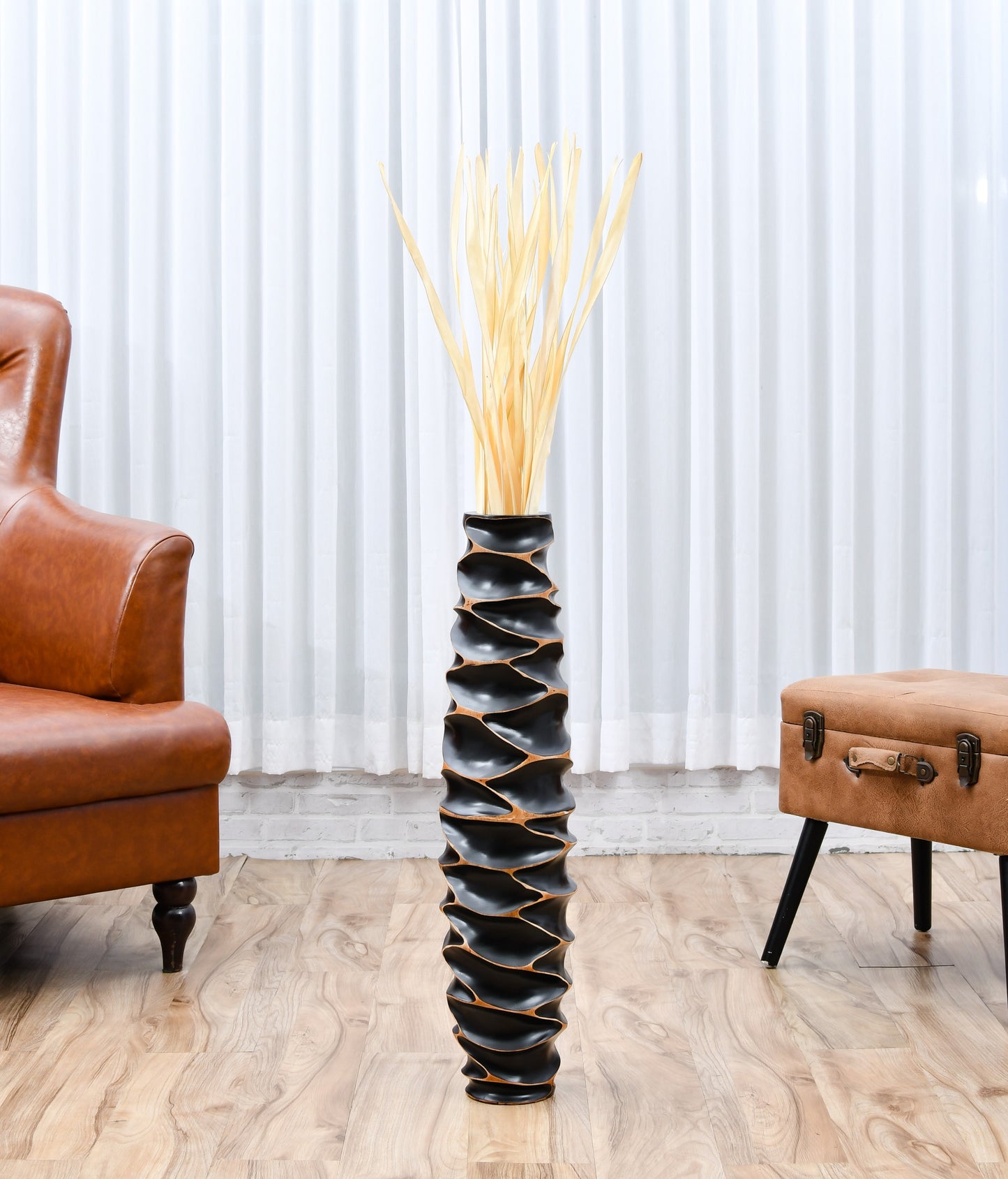 Large Mango Wood Floor Vase – Handcrafted Decorative Highlight from Thailand, black, 65 cm