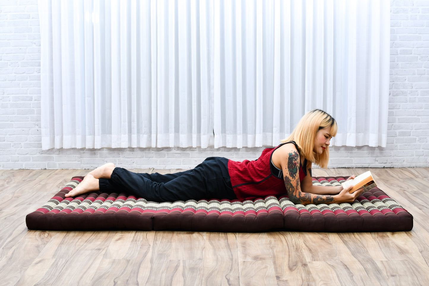 Kapok Folding Mattress – Thick Cotton Padded Guest Bed for Home, Sleeping & Mindfulness Corner, Sf19 - Red, Brown, L: 200x100 cm