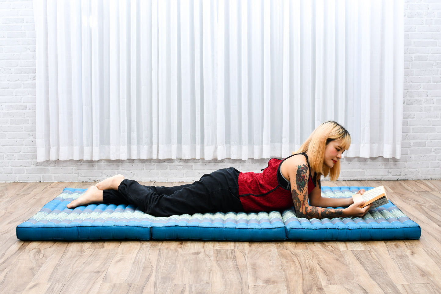 Kapok Folding Mattress – Thick Cotton Padded Guest Bed for Home, Sleeping & Mindfulness Corner, Sf22 - Blue, L: 200x100 cm