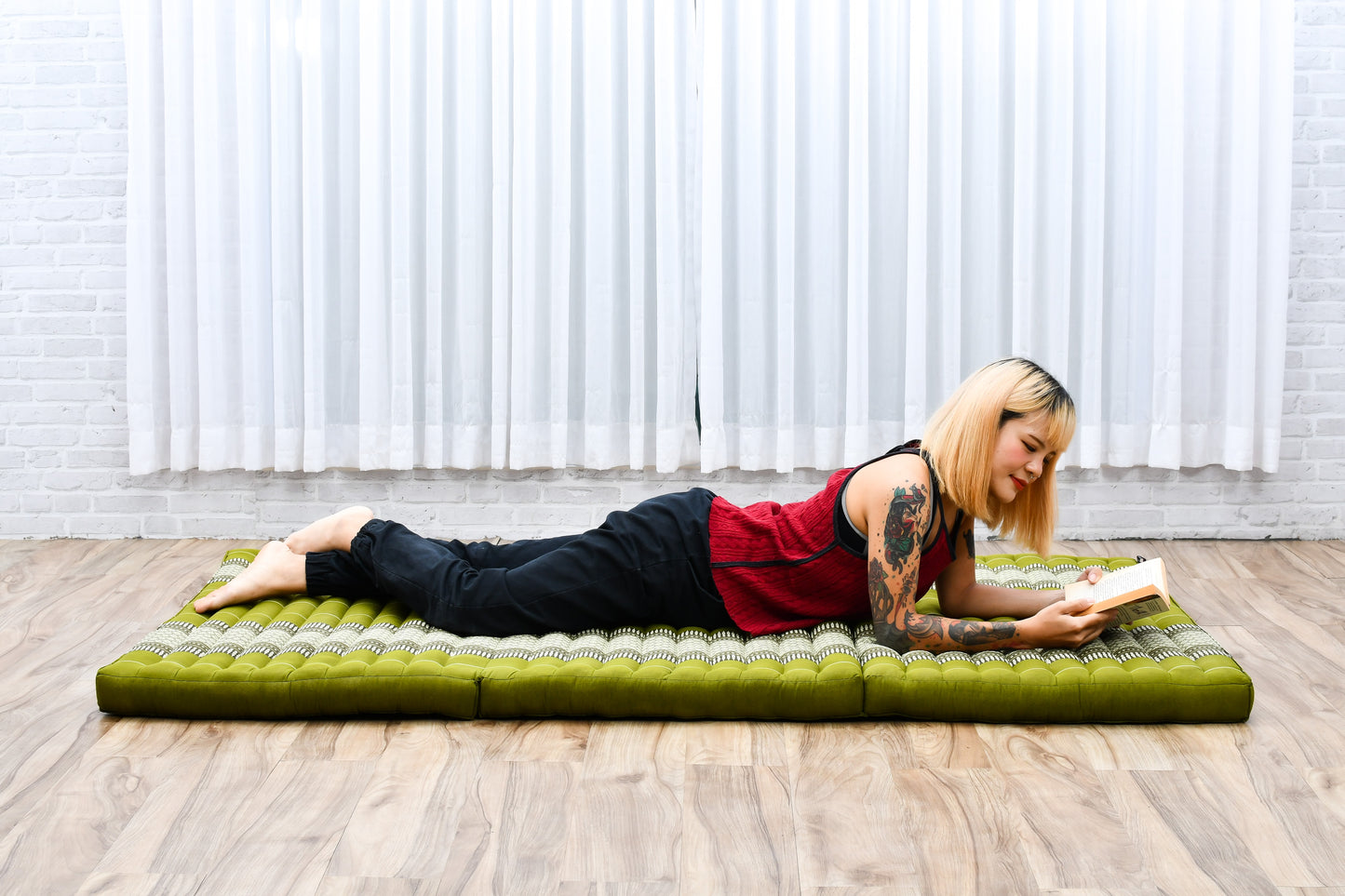 Kapok Folding Mattress – Thick Cotton Padded Guest Bed for Home, Sleeping & Mindfulness Corner, Sf17 - Green, L: 200x100 cm