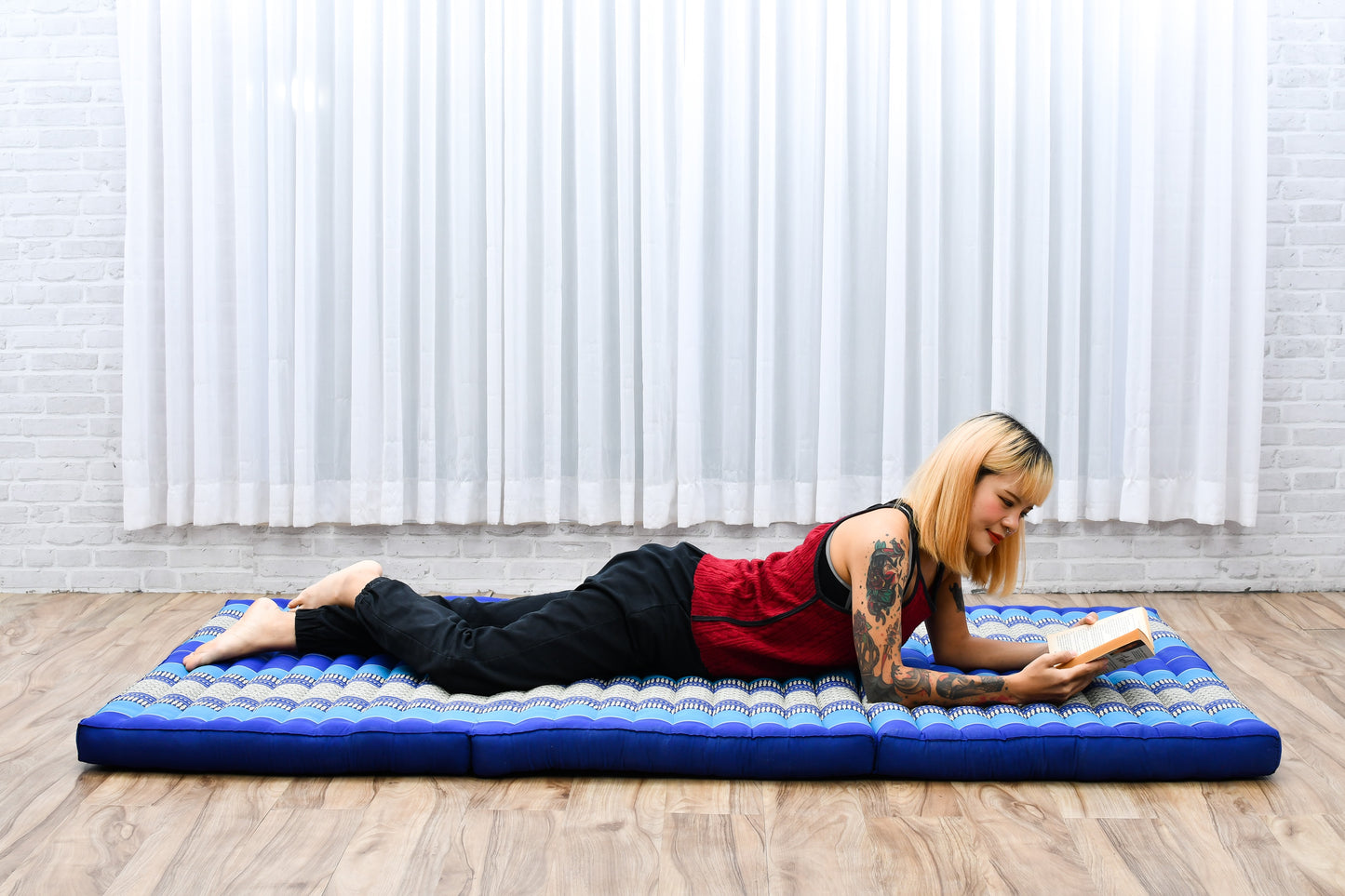 Kapok Folding Mattress – Thick Cotton Padded Guest Bed for Home, Sleeping & Mindfulness Corner, Sf28 - Blue, L: 200x100 cm