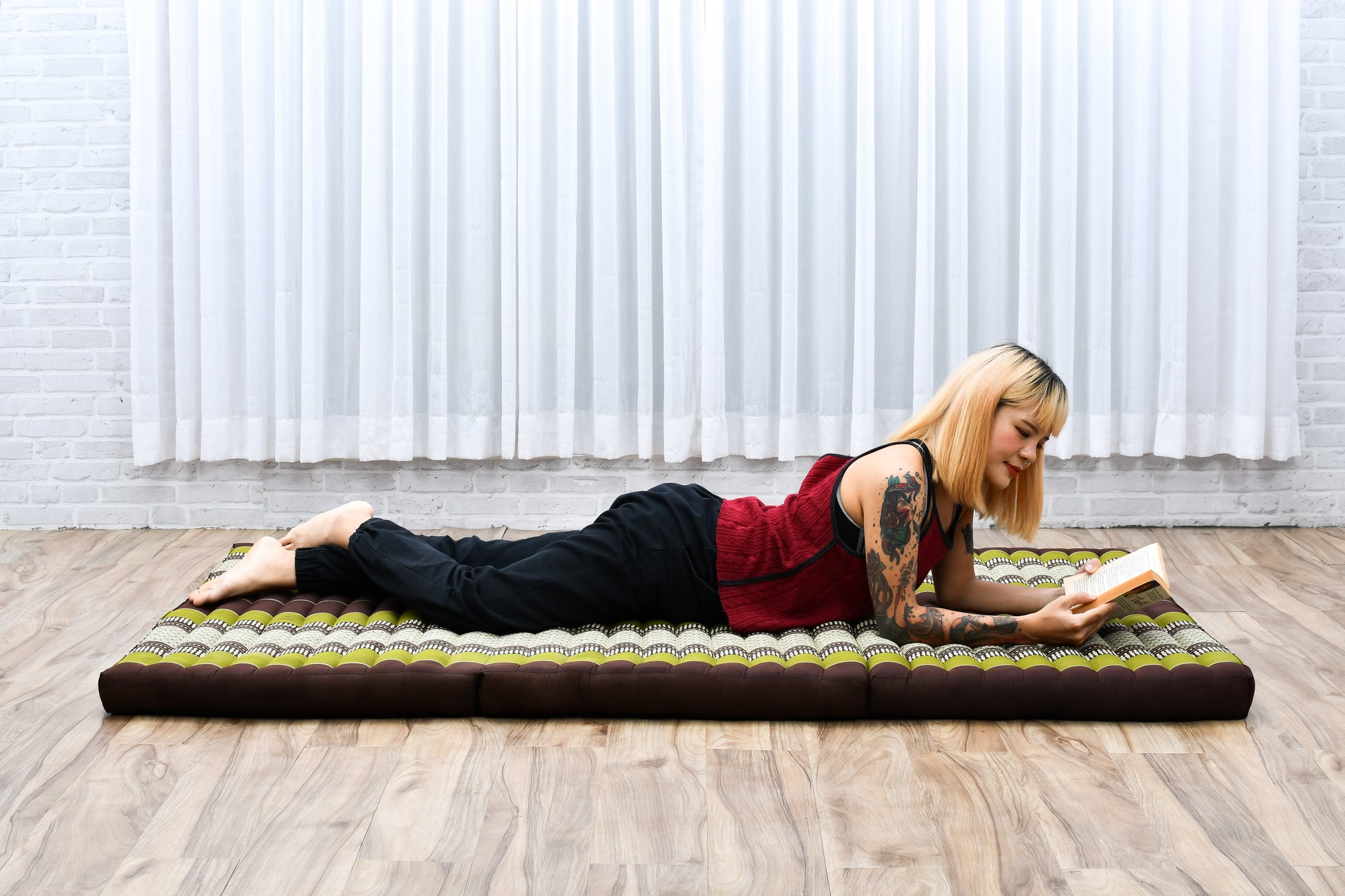 Kapok Folding Mattress – Thick Cotton Padded Guest Bed for Home, Sleeping & Mindfulness Corner, Sf20 - Brown, Green, L: 200x100 cm