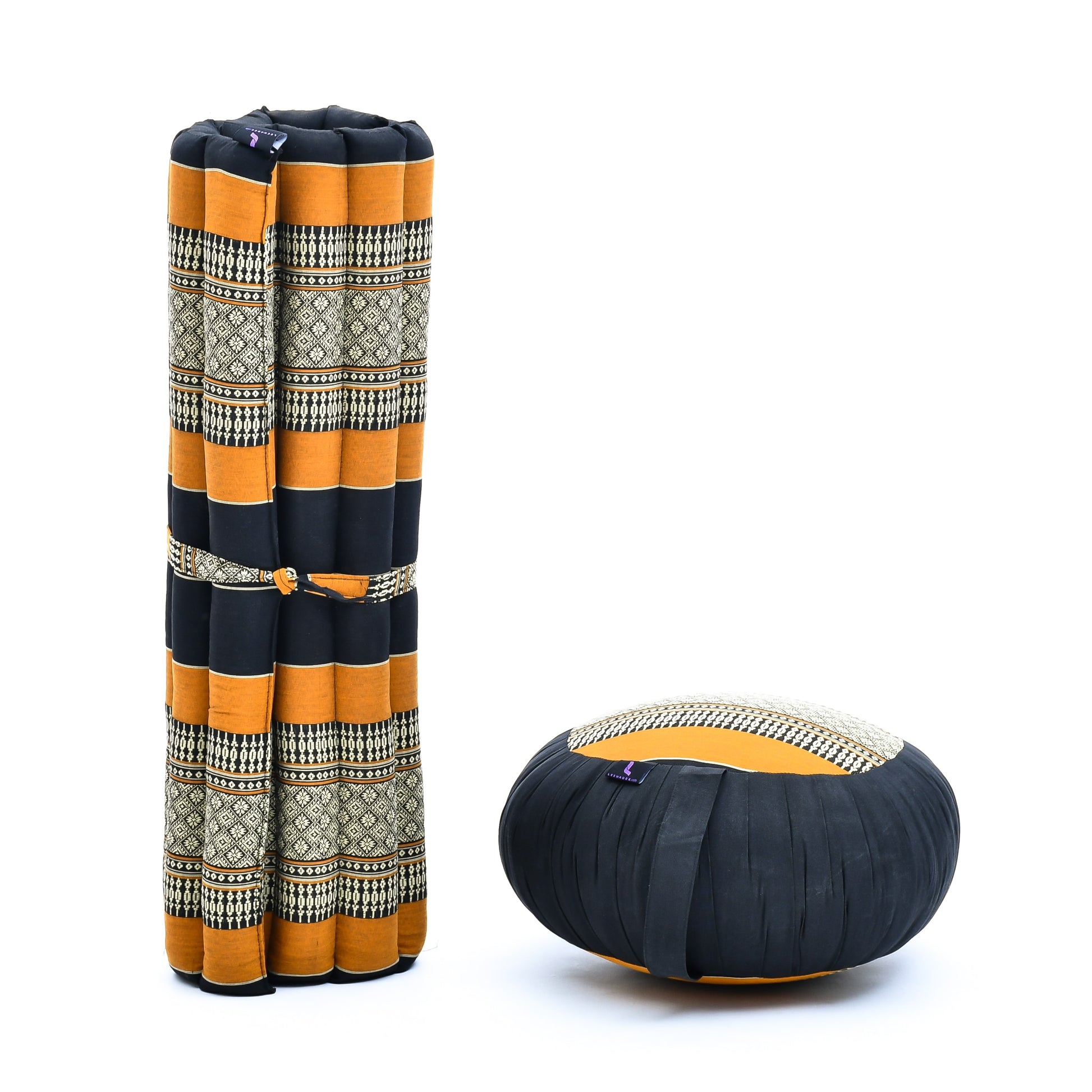 Kapok Meditation Cushion Set – Zabuton Mat & Zafu Seat Cushion with Cotton Cover, Sf03 - Black, Orange