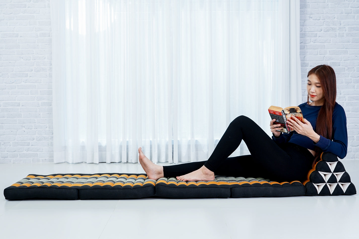 Thai Folding Mat with Triangle Cushion – Handmade Kapok Relax Mat for Sleeping, Reading & Lounging, Sf03 - Black, Orange, 4 seating segments