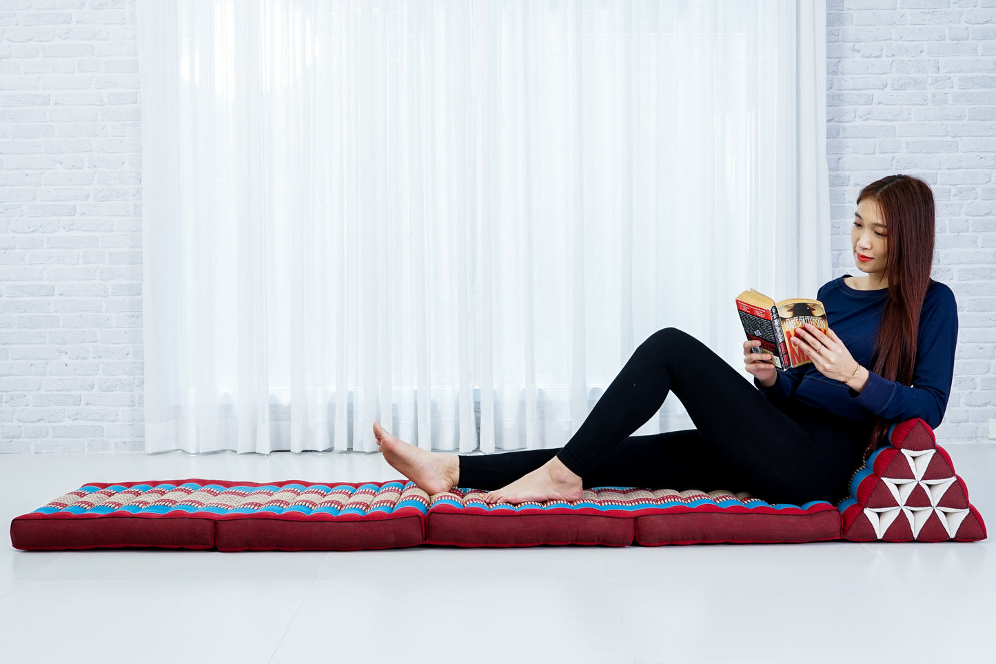 Thai Folding Mat with Triangle Cushion – Handmade Kapok Relax Mat for Sleeping, Reading & Lounging, Sf27 - Blue, Red, 4 seating segments