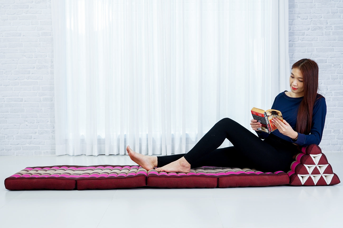 Thai Folding Mat with Triangle Cushion – Handmade Kapok Relax Mat for Sleeping, Reading & Lounging, Sf29 - Auburn, Pink, 4 seating segments